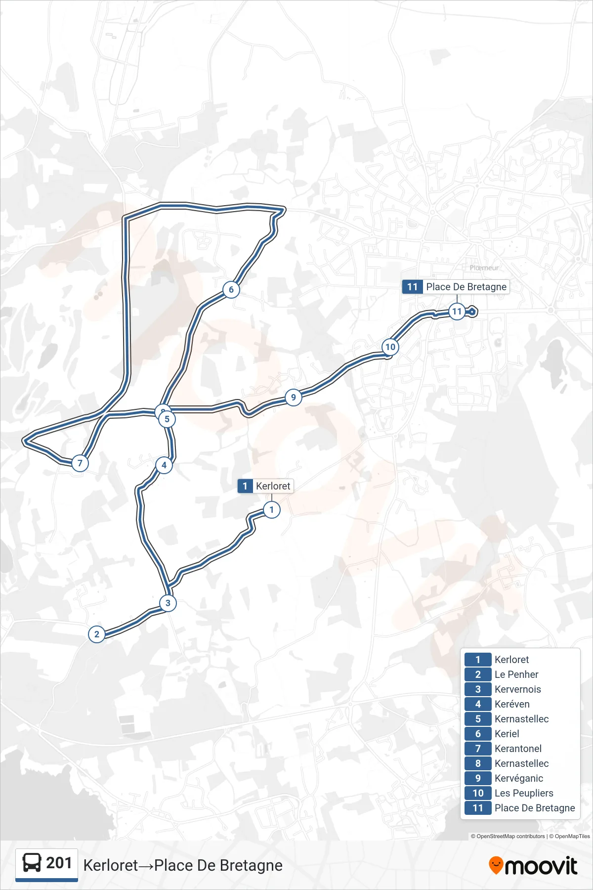 201 bus Line (Kerloret‎→Place De Bretagne) route and stops on a map