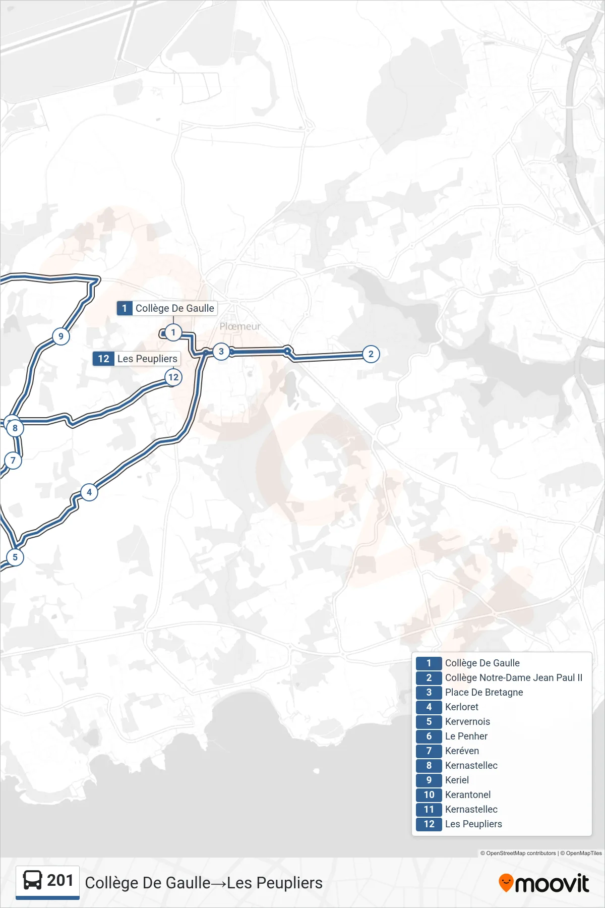 201 bus Line (Collège De Gaulle‎→Les Peupliers) route and stops on a map