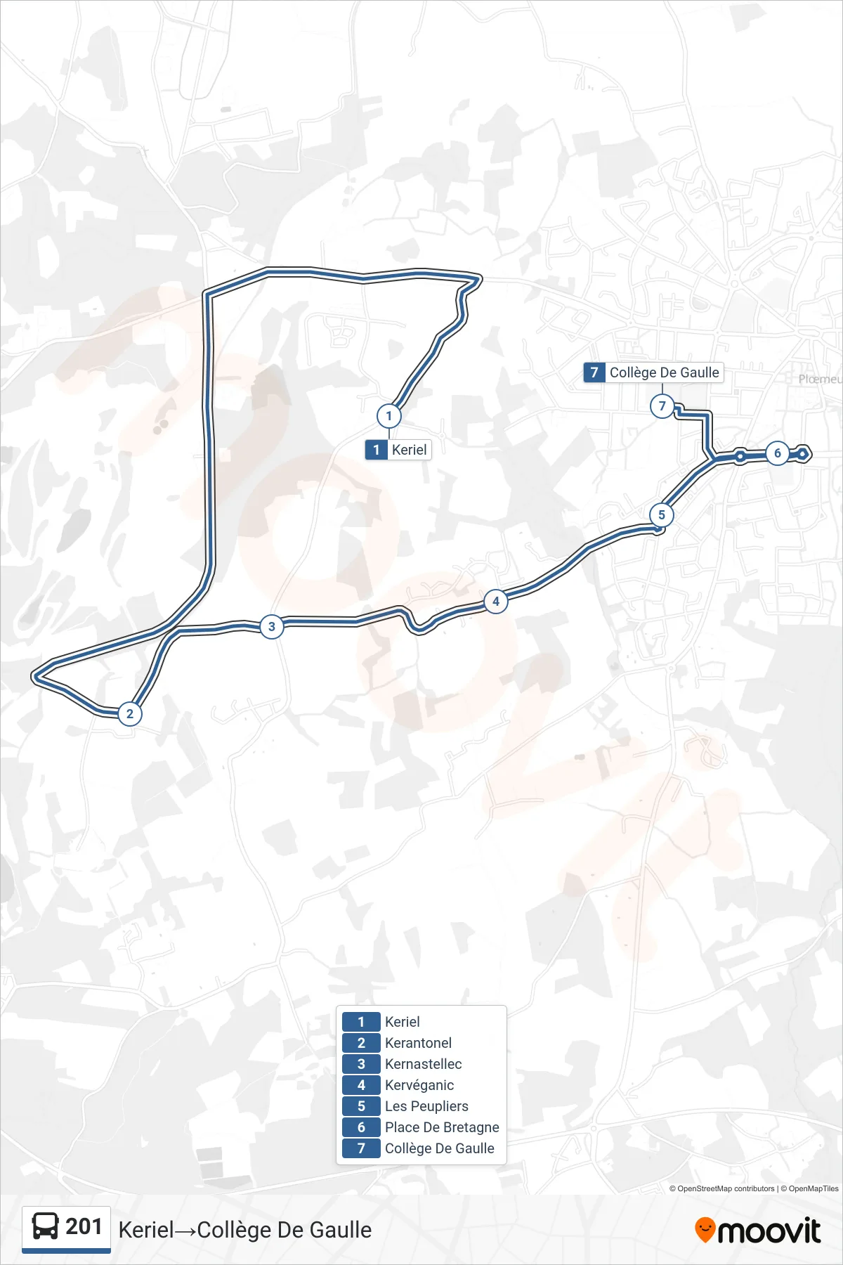 201 bus Line (Keriel‎→Collège De Gaulle) route and stops on a map