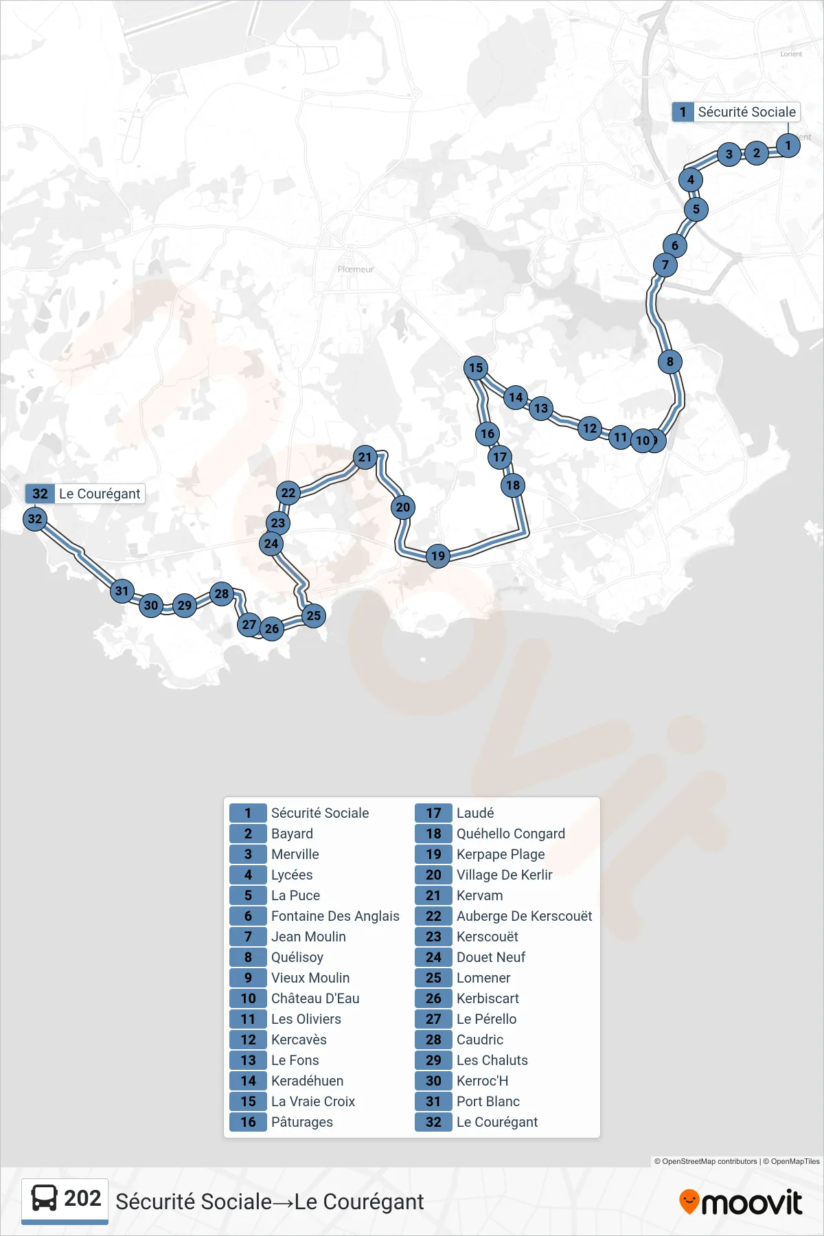 Tracé et arrêts de la ligne 202 de bus (Sécurité Sociale‎→Le Courégant) sur une carte