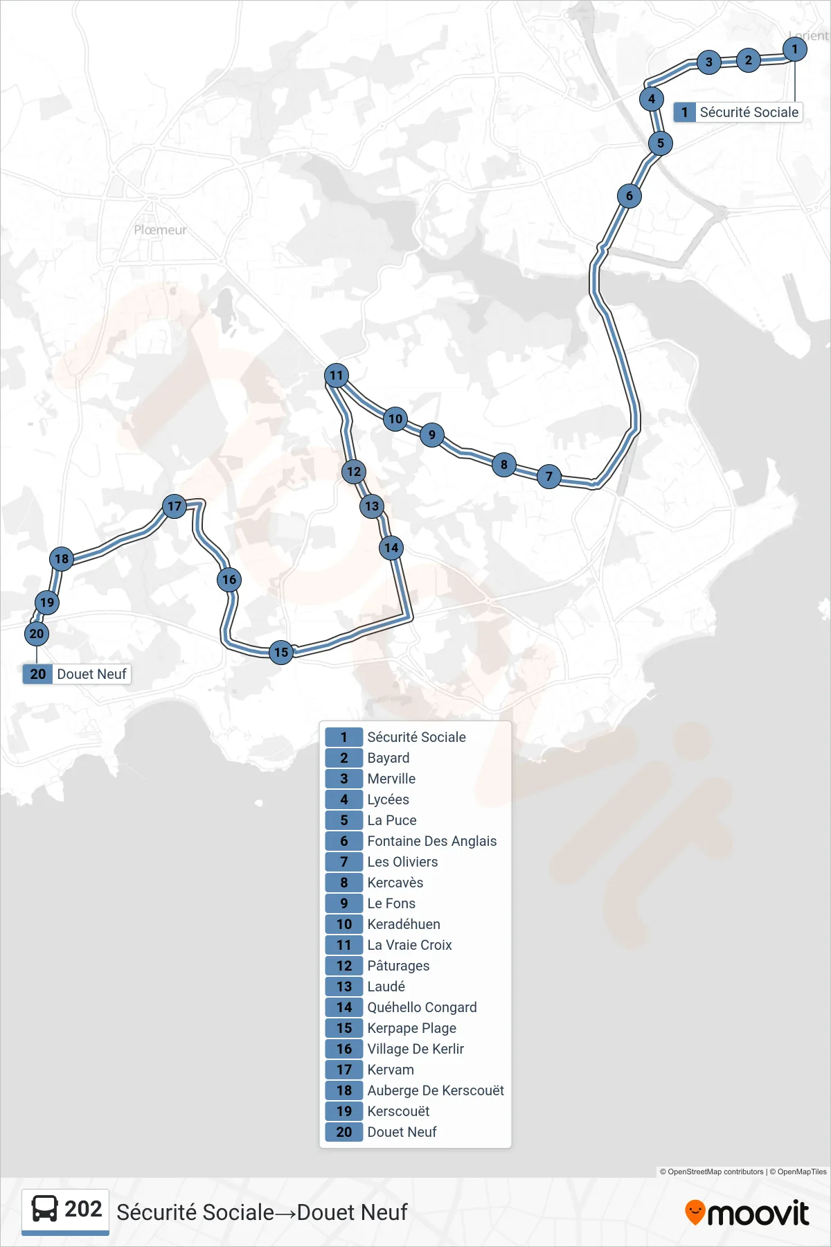 202 bus Line (Sécurité Sociale‎→Douet Neuf) route and stops on a map