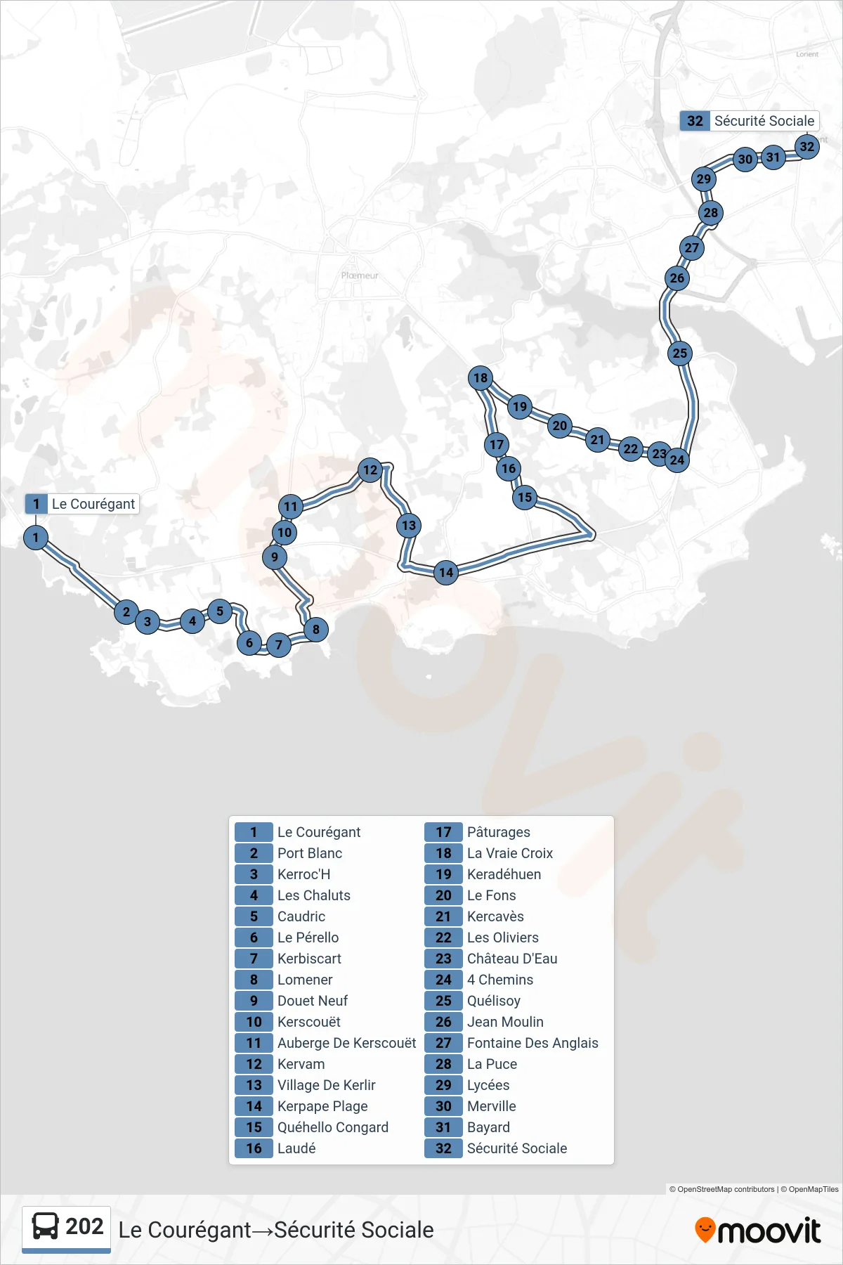 202 bus Line (Le Courégant→Sécurité Sociale) route and stops on a map