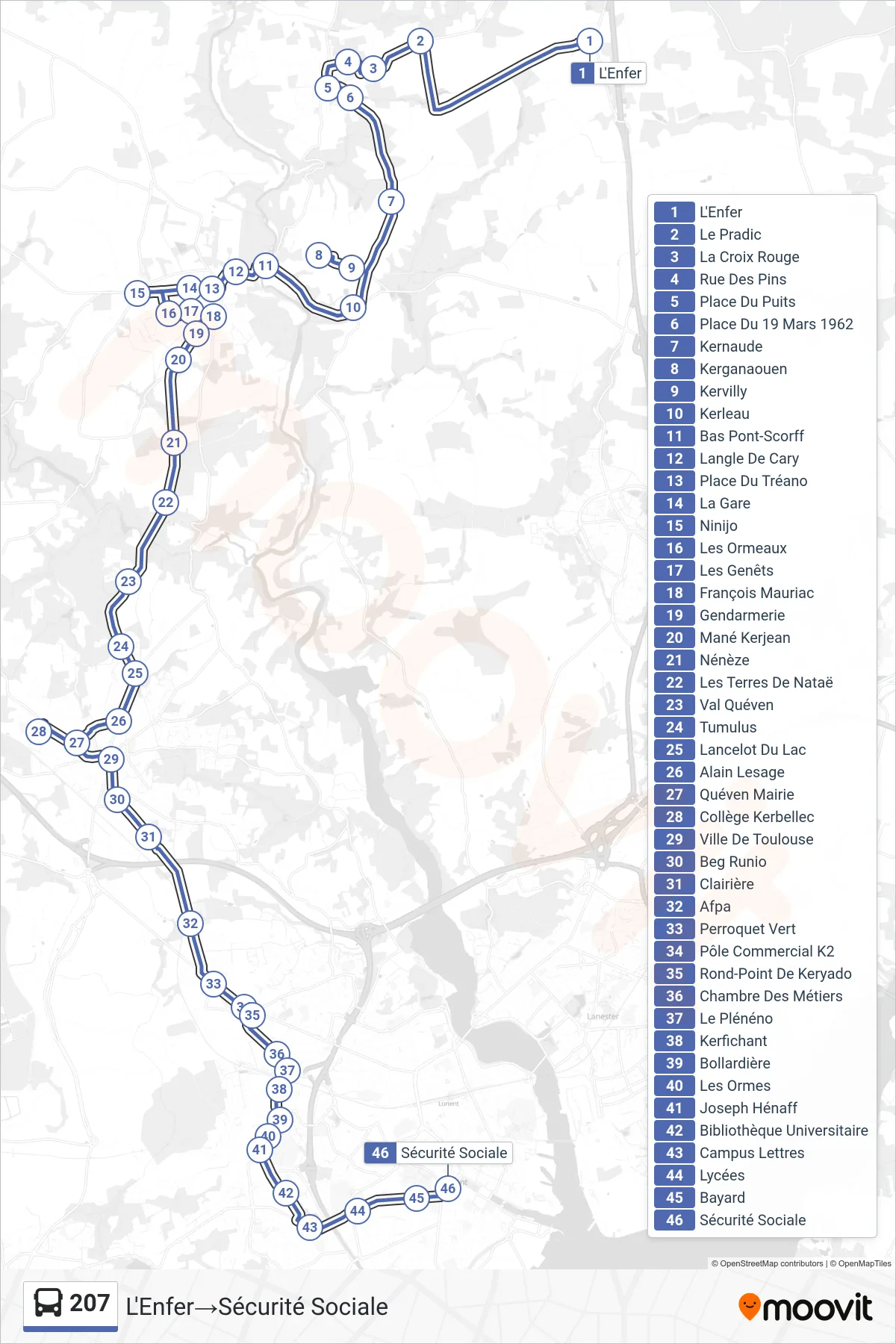 207 bus Line (L'Enfer‎→Sécurité Sociale) route and stops on a map