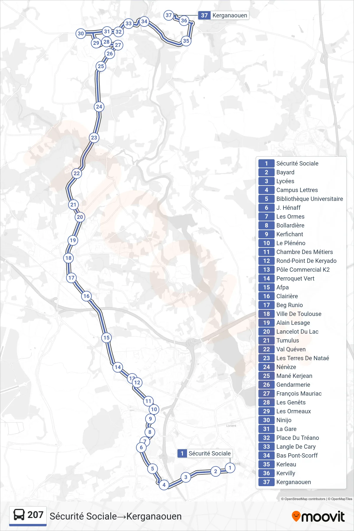 Tracé et arrêts de la ligne 207 de bus (Sécurité Sociale→Kerganaouen) sur une carte