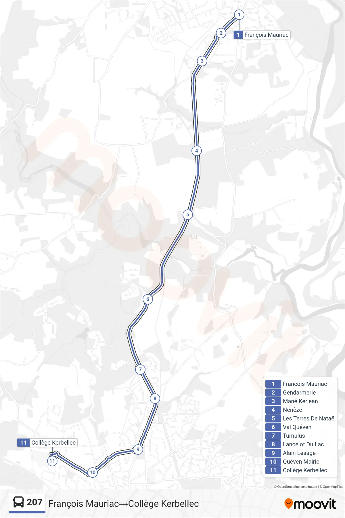 207 bus Line (François Mauriac‎→Collège Kerbellec) route and stops on a map
