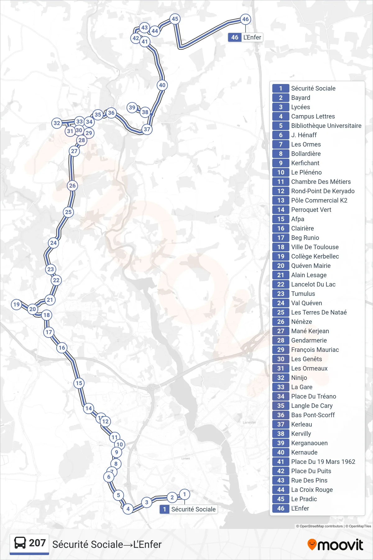 Tracé et arrêts de la ligne 207 de bus (Sécurité Sociale→L'Enfer) sur une carte