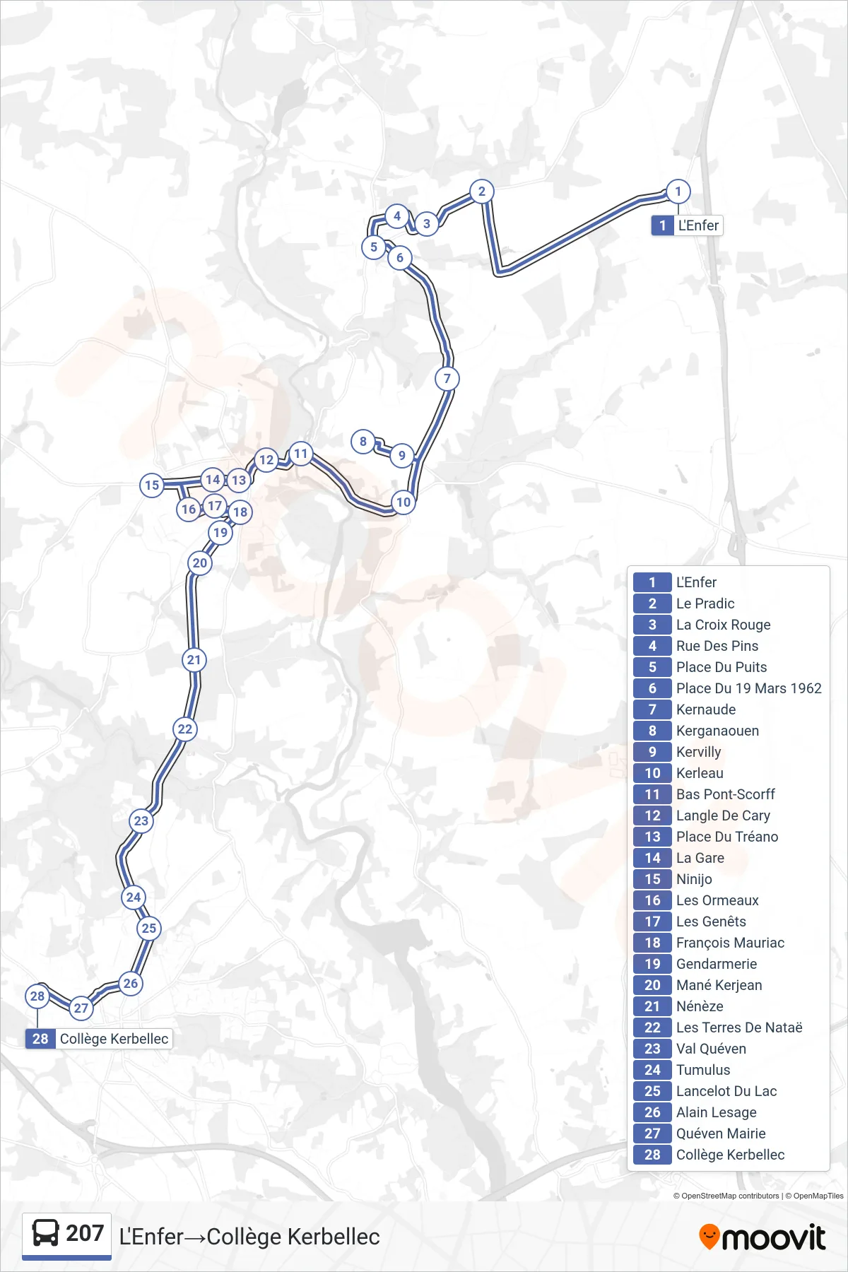 207 bus Line (L'Enfer‎→Collège Kerbellec) route and stops on a map
