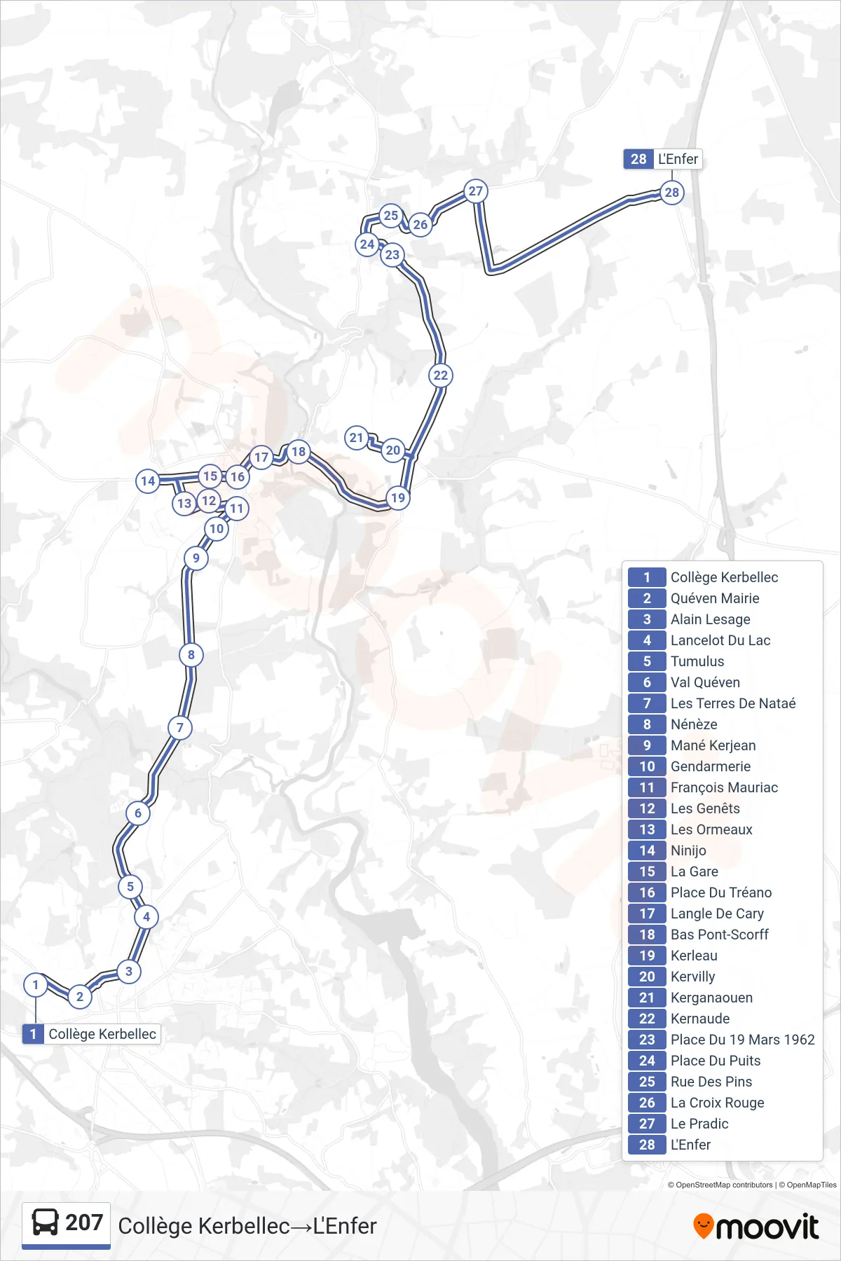 207 bus Line (Collège Kerbellec→L'Enfer) route and stops on a map
