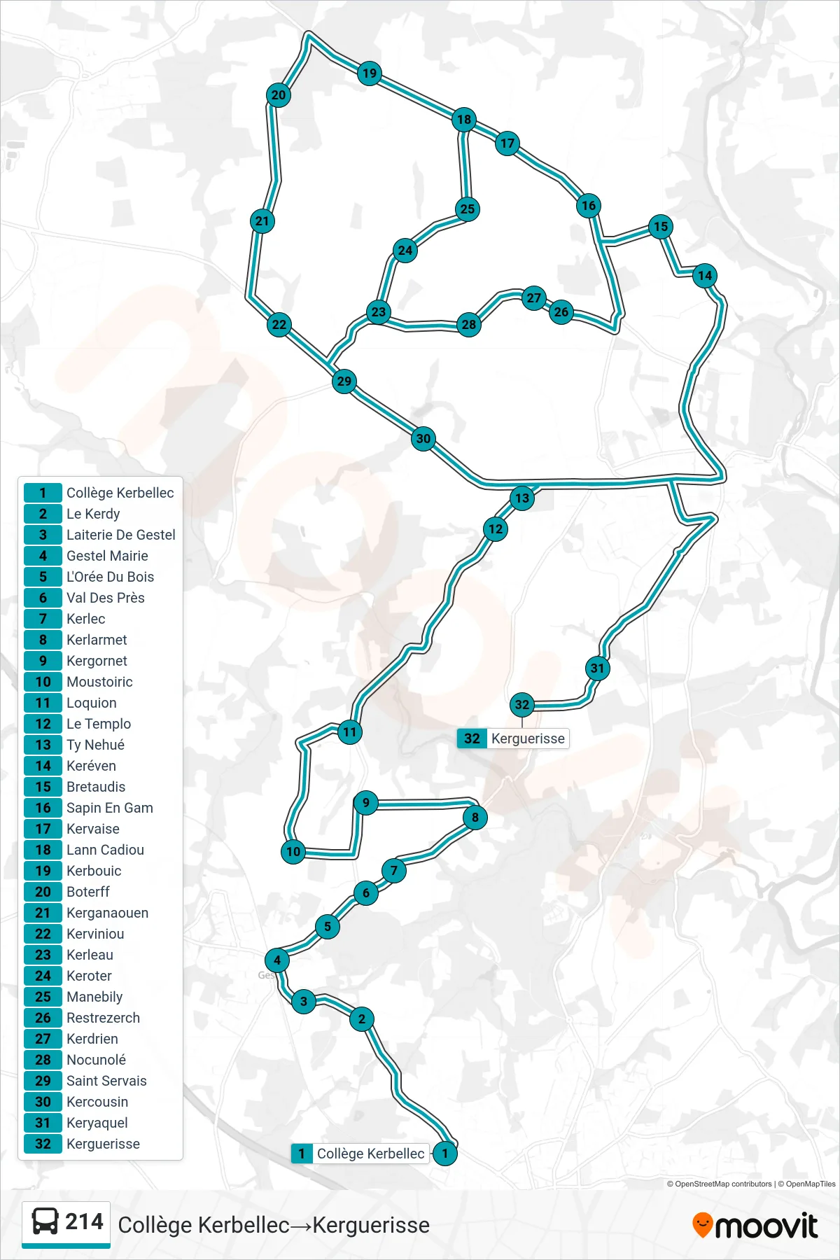 214 bus Line (Collège Kerbellec‎→Kerguerisse) route and stops on a map