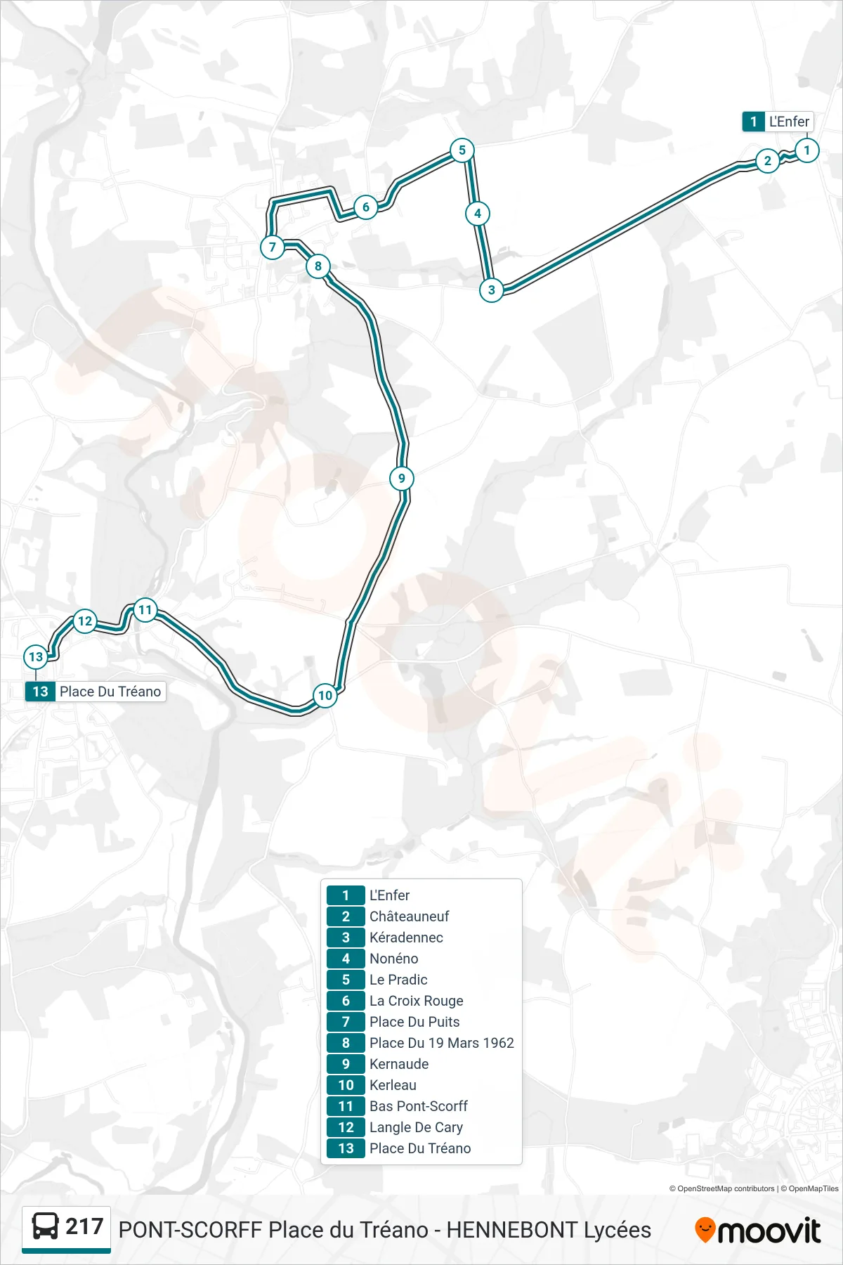 Tracé et arrêts de la ligne 217 de bus (L'Enfer‎→Place Du Tréano) sur une carte