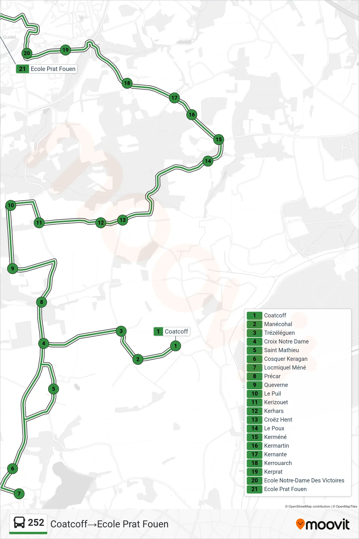 Tracé et arrêts de la ligne 252 de bus (Coatcoff→Ecole Prat Fouen) sur une carte