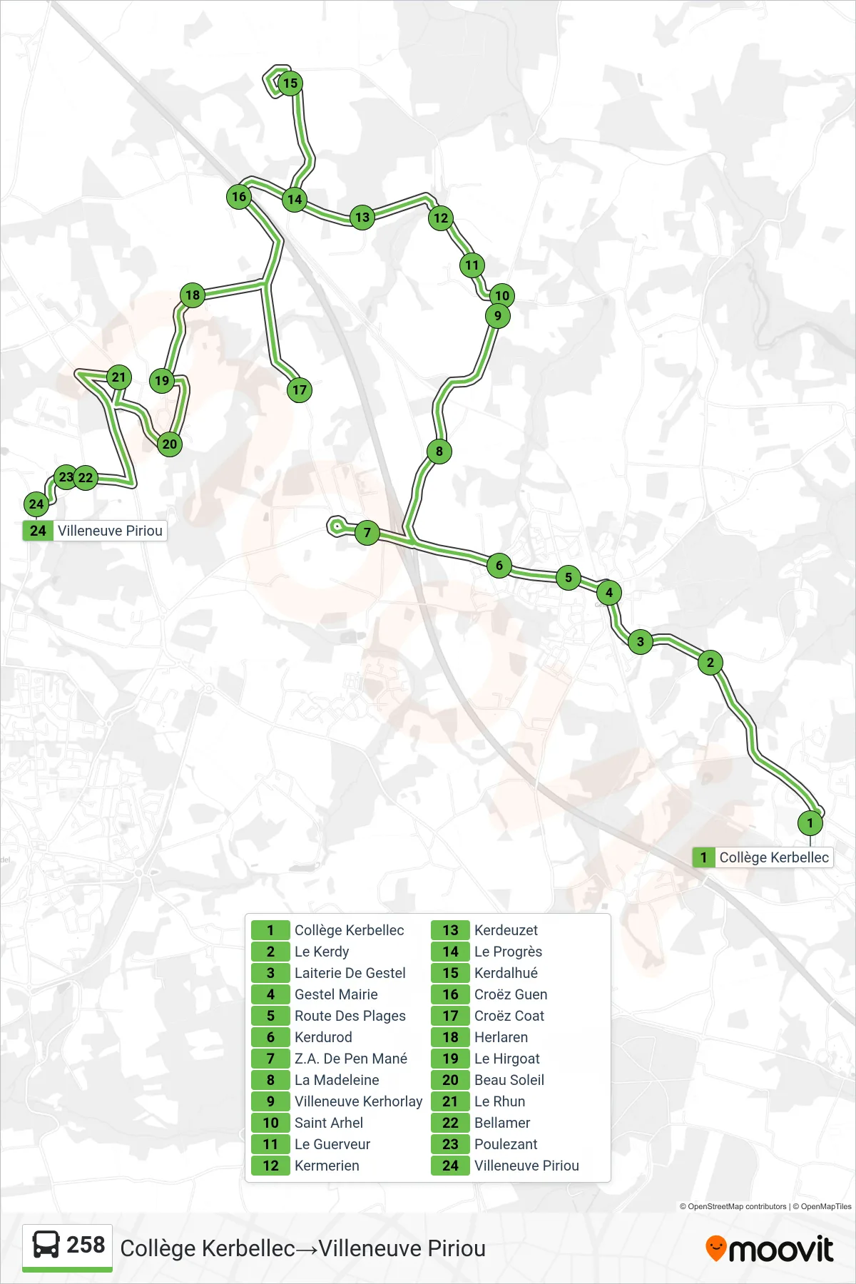 258 bus Line (Collège Kerbellec→Villeneuve Piriou) route and stops on a map