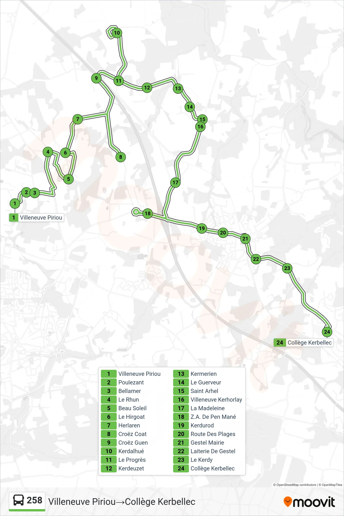 Tracé et arrêts de la ligne 258 de bus (Villeneuve Piriou‎→Collège Kerbellec) sur une carte
