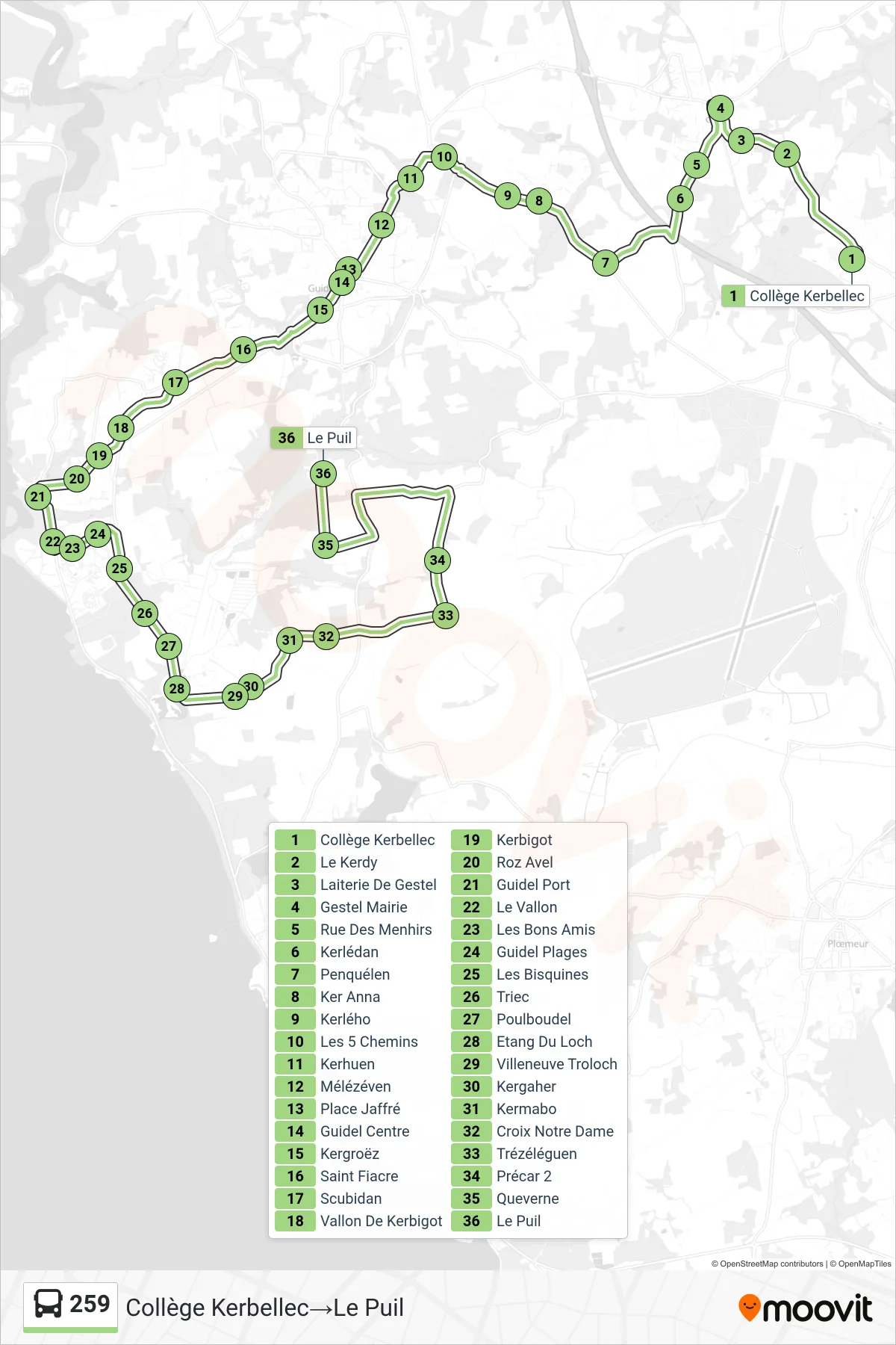 259 bus Line (Collège Kerbellec→Le Puil) route and stops on a map