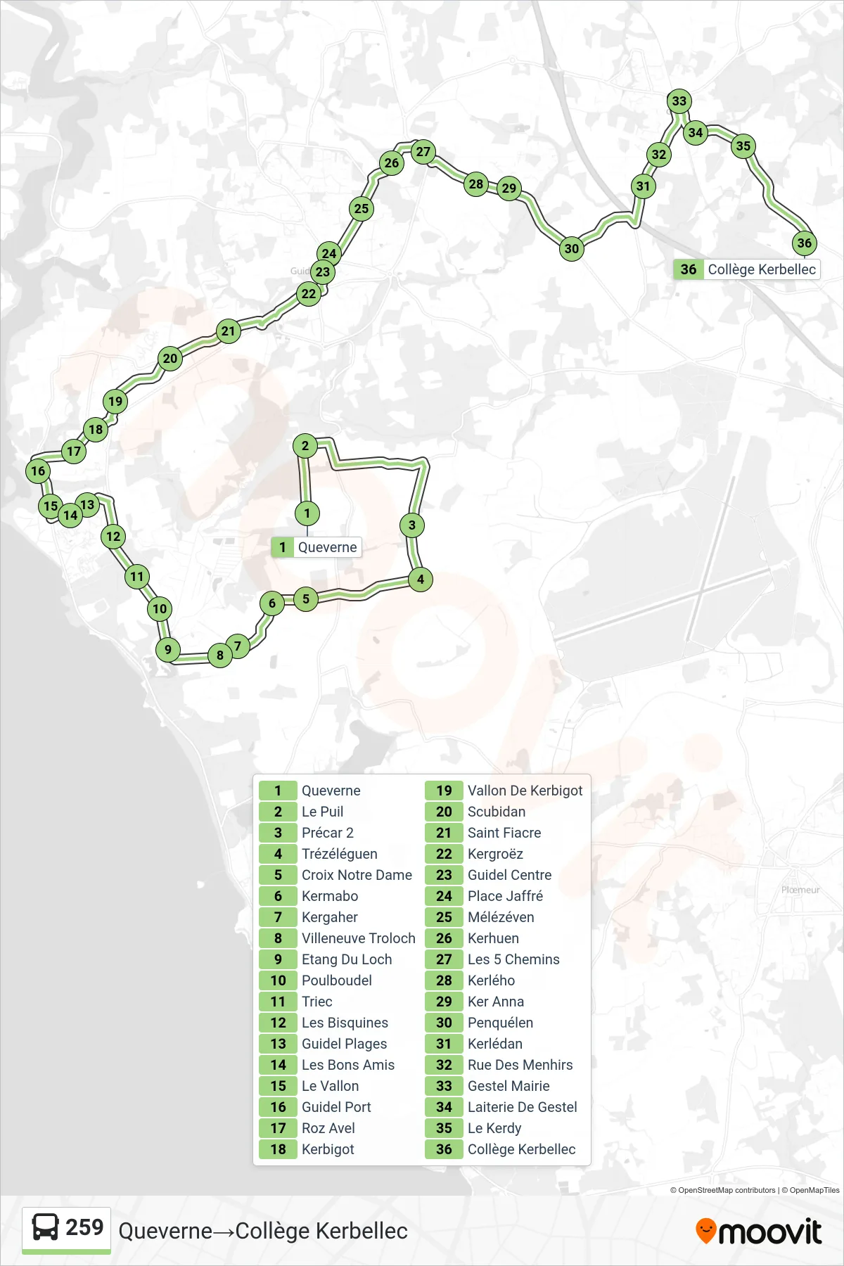 259 bus Line (Queverne→Collège Kerbellec) route and stops on a map