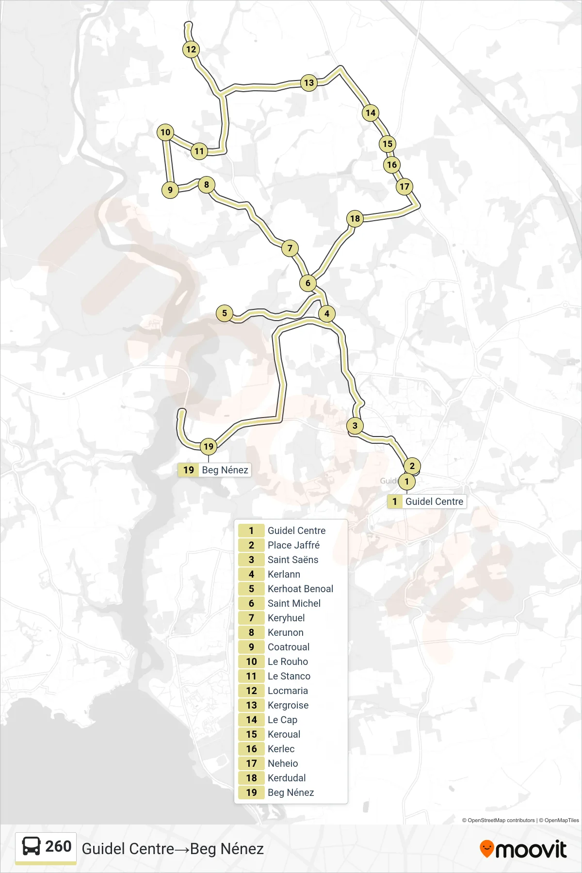 260 bus Line (Guidel Centre‎→Beg Nénez) route and stops on a map