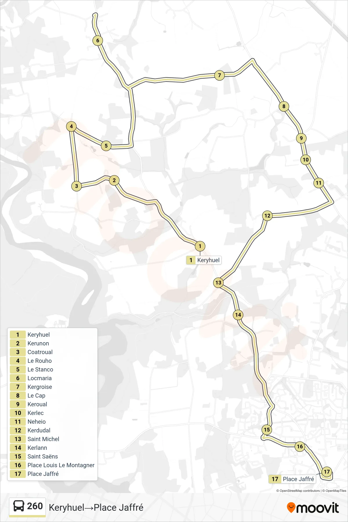 Tracé et arrêts de la ligne 260 de bus (Keryhuel‎→Place Jaffré) sur une carte