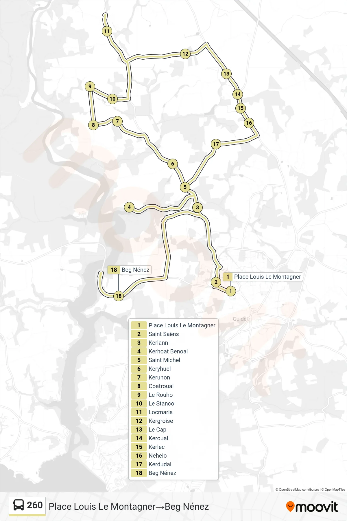 260 bus Line (Place Louis Le Montagner‎→Beg Nénez) route and stops on a map