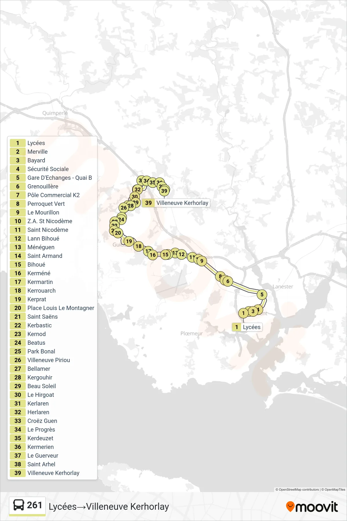 Recorrido y paradas de la línea 261 de autobús (Lycées→Villeneuve Kerhorlay) en el mapa