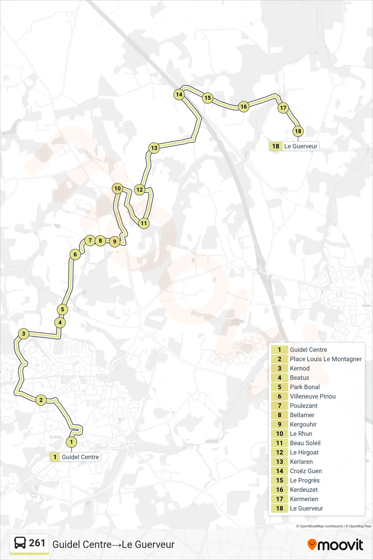 Tracé et arrêts de la ligne 261 de bus (Guidel Centre‎→Le Guerveur) sur une carte
