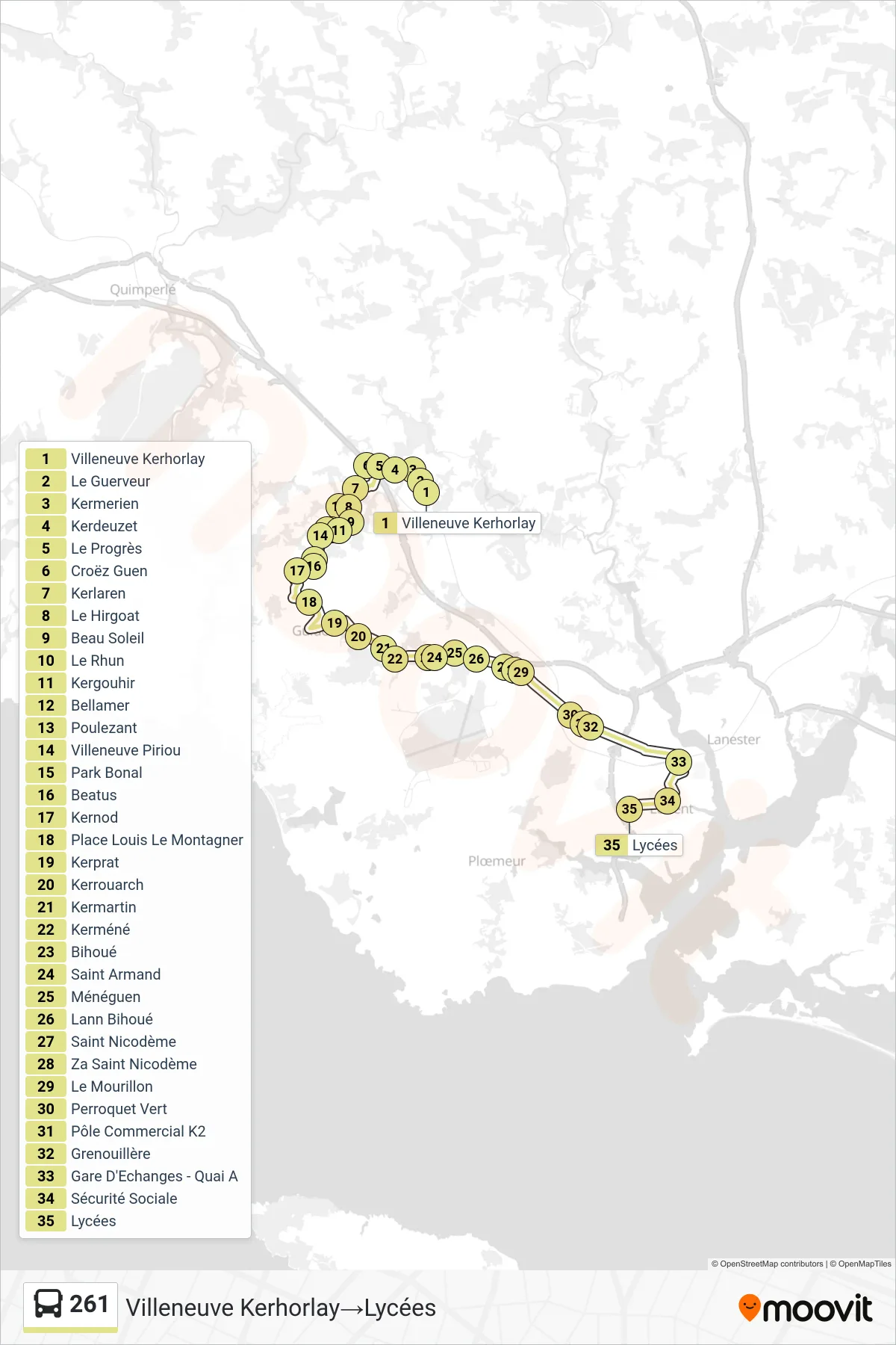 Tracé et arrêts de la ligne 261 de bus (Villeneuve Kerhorlay→Lycées) sur une carte