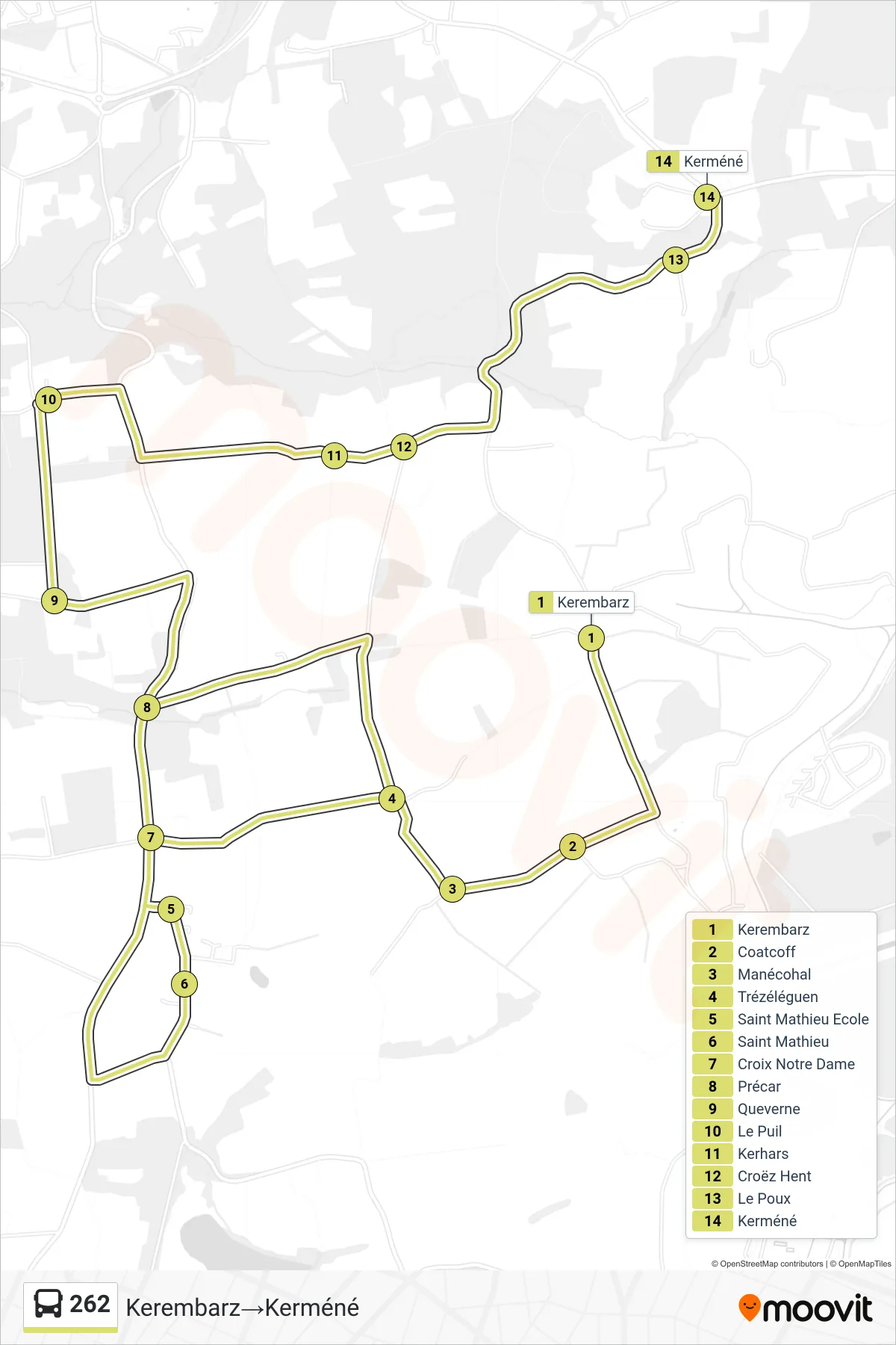 262 bus Line (Kerembarz‎→Kerméné) route and stops on a map