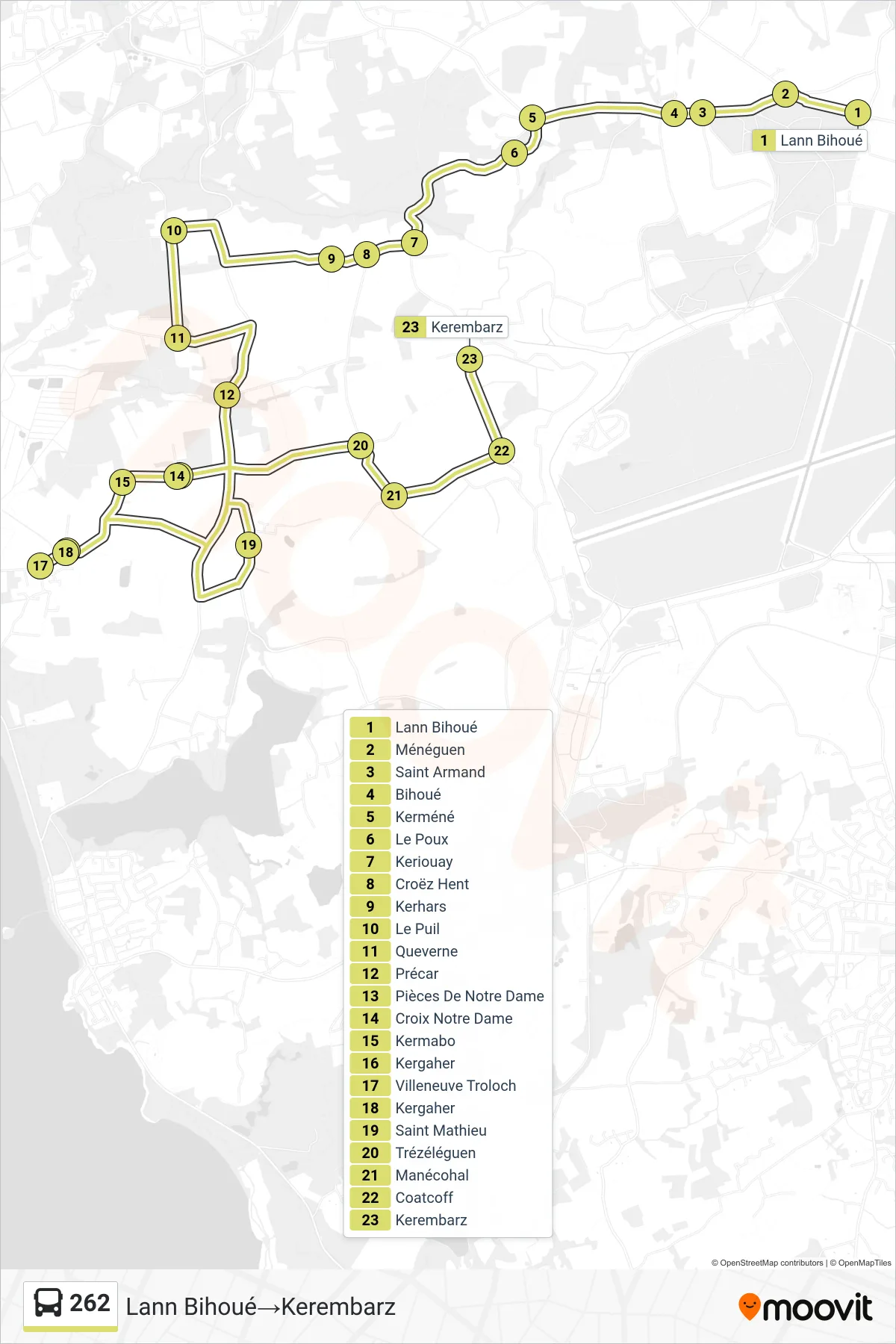 Tracé et arrêts de la ligne 262 de bus (Lann Bihoué‎→Kerembarz) sur une carte