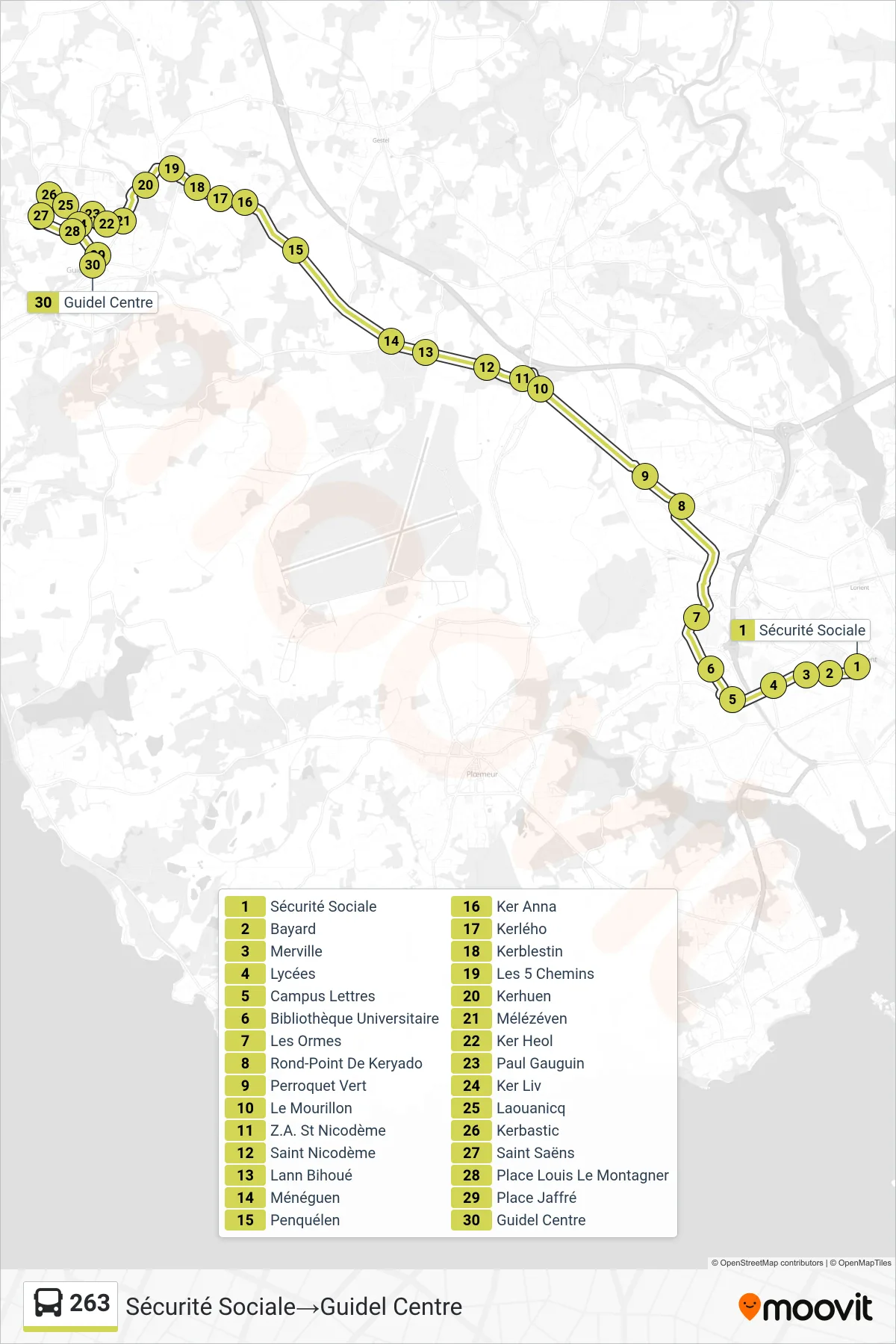 Tracé et arrêts de la ligne 263 de bus (Sécurité Sociale‎→Guidel Centre) sur une carte