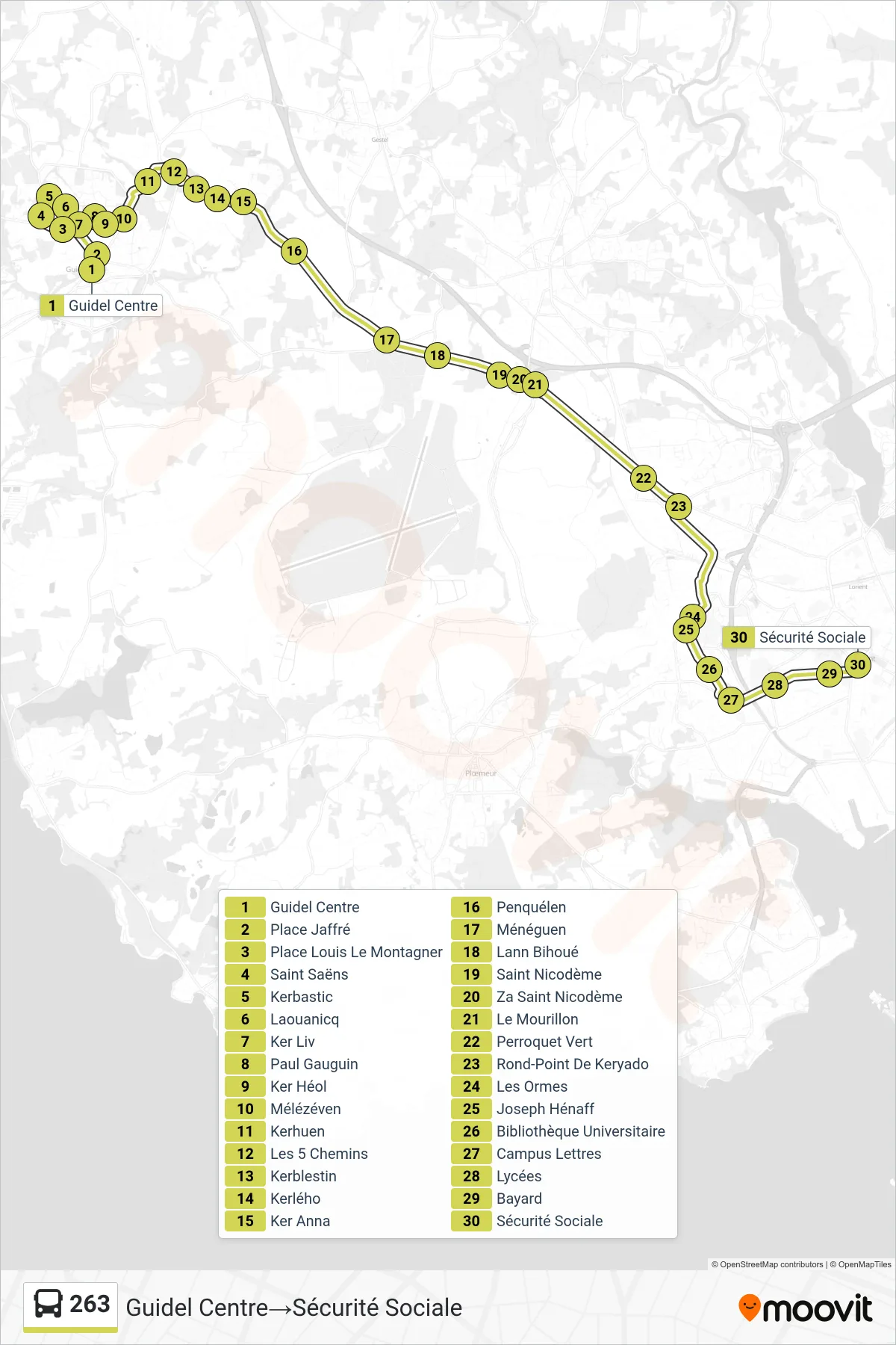 Tracé et arrêts de la ligne 263 de bus (Guidel Centre→Sécurité Sociale) sur une carte