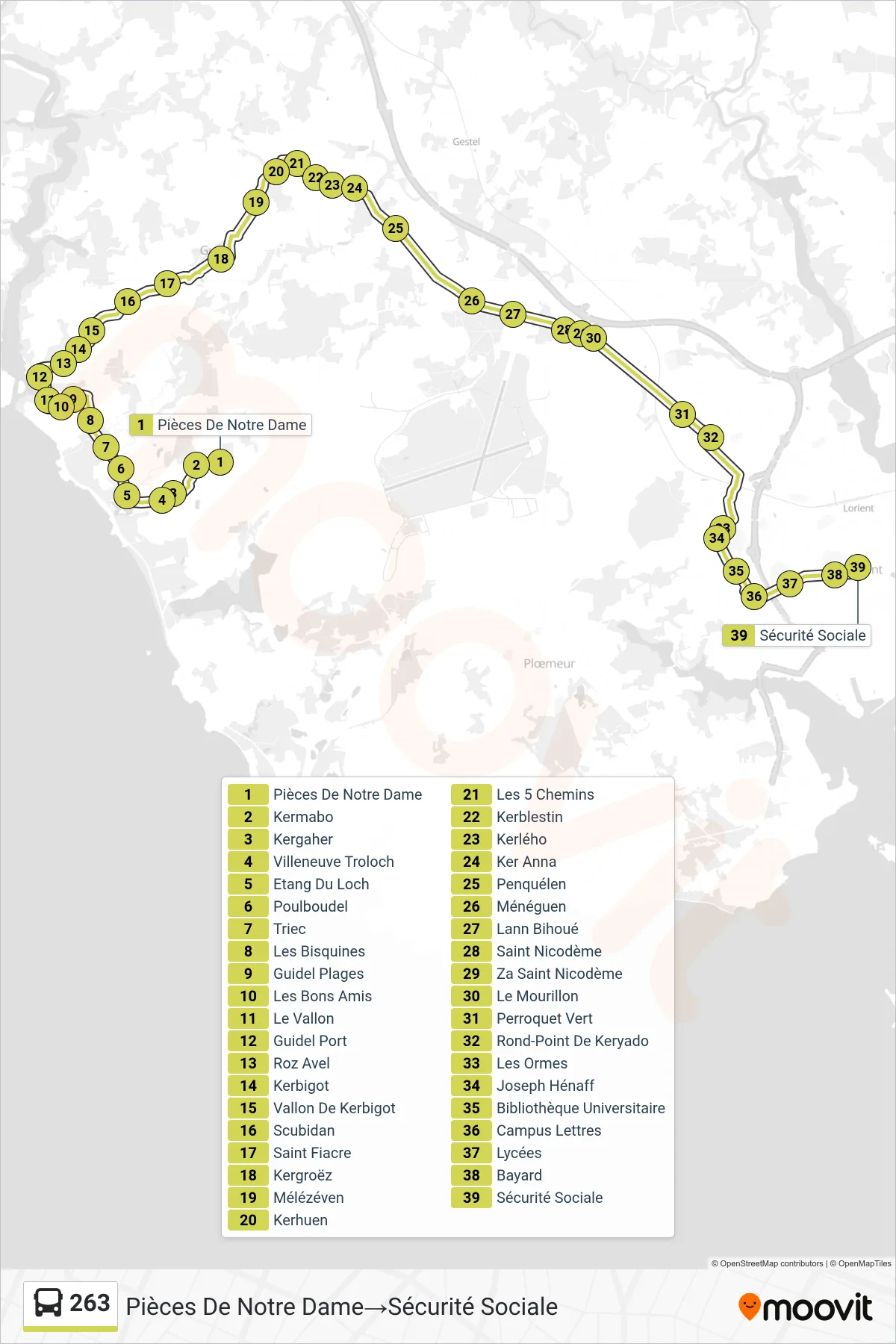 Tracé et arrêts de la ligne 263 de bus (Pièces De Notre Dame→Sécurité Sociale) sur une carte