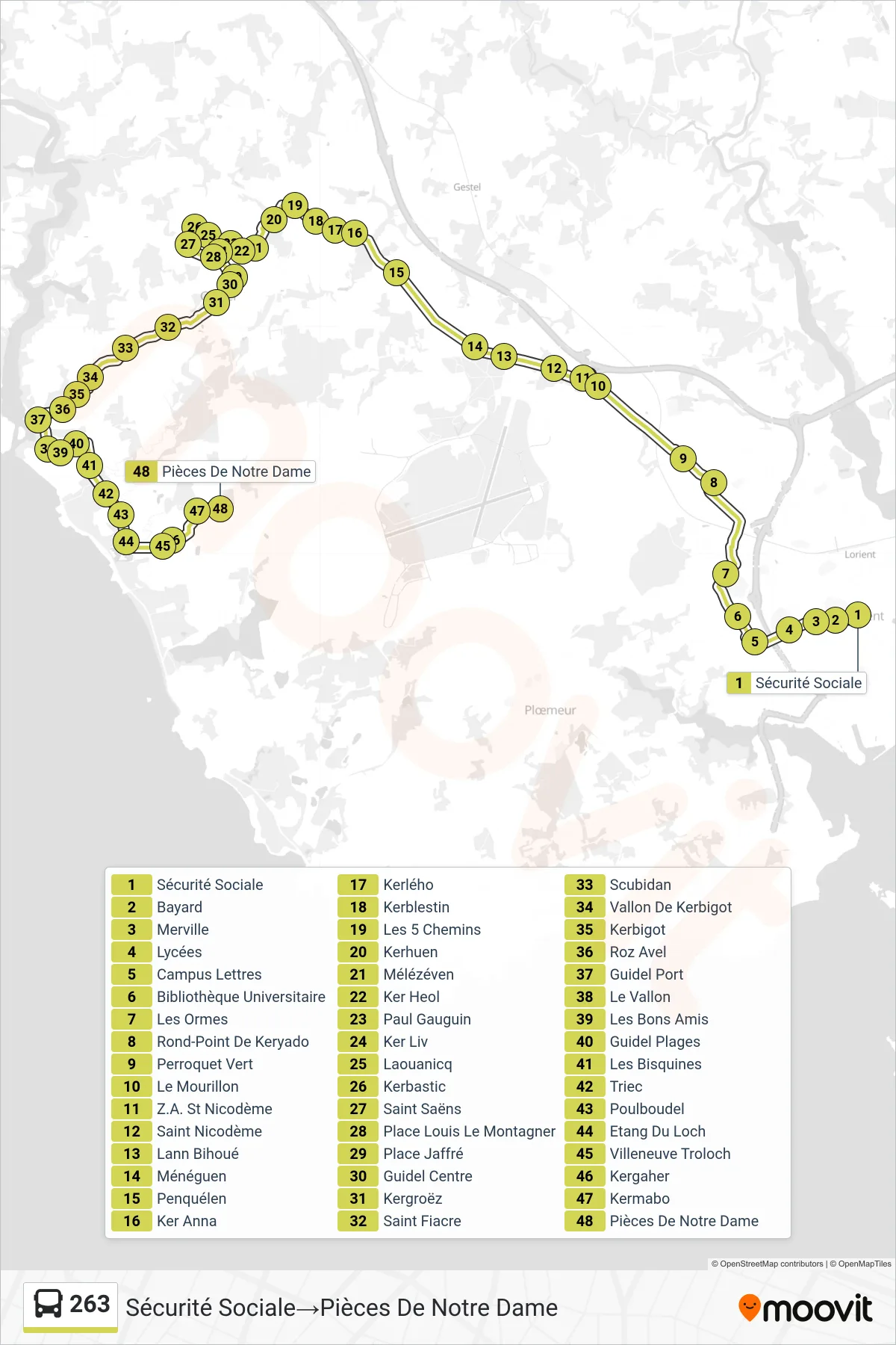 263 bus Line (Sécurité Sociale‎→Pièces De Notre Dame) route and stops on a map