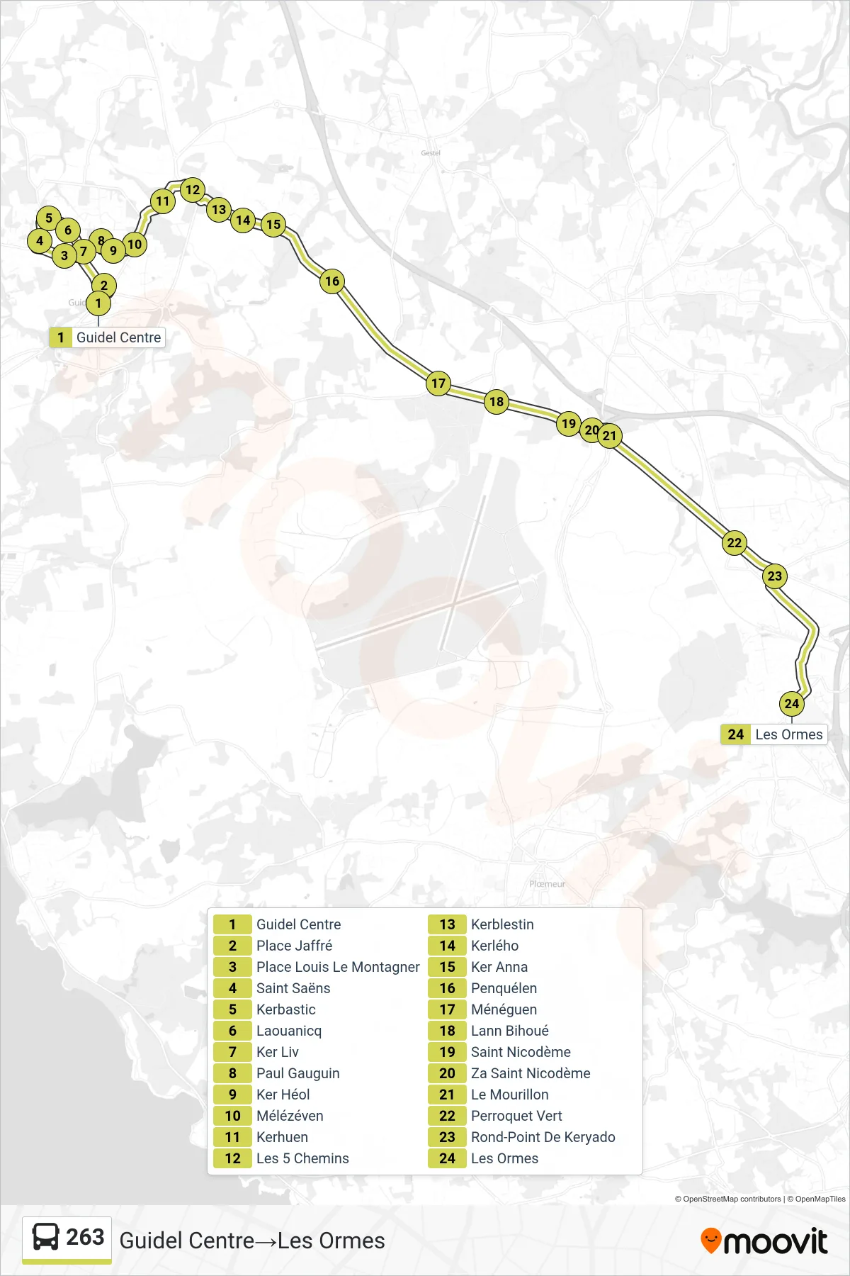 263 bus Line (Guidel Centre‎→Les Ormes) route and stops on a map