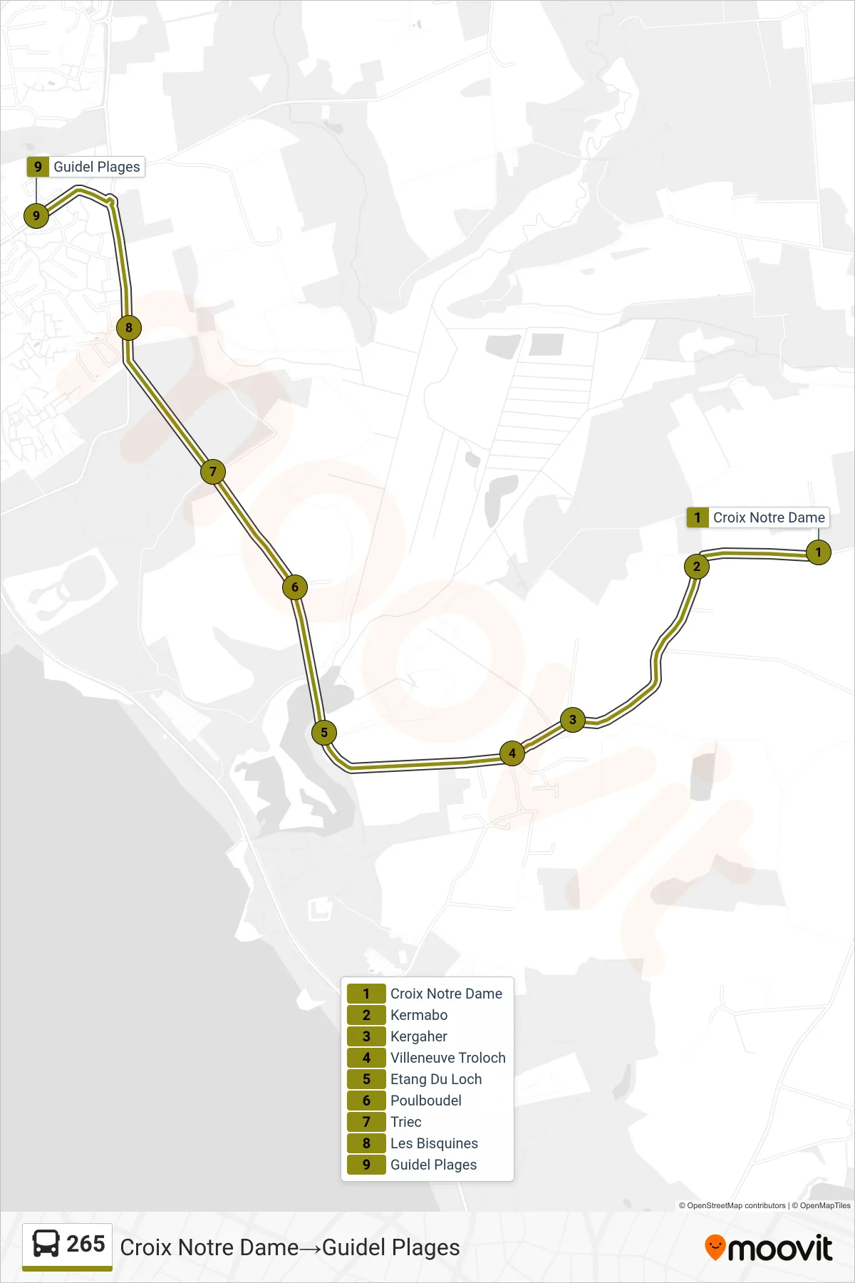 Tracé et arrêts de la ligne 265 de bus (Croix Notre Dame→Guidel Plages) sur une carte