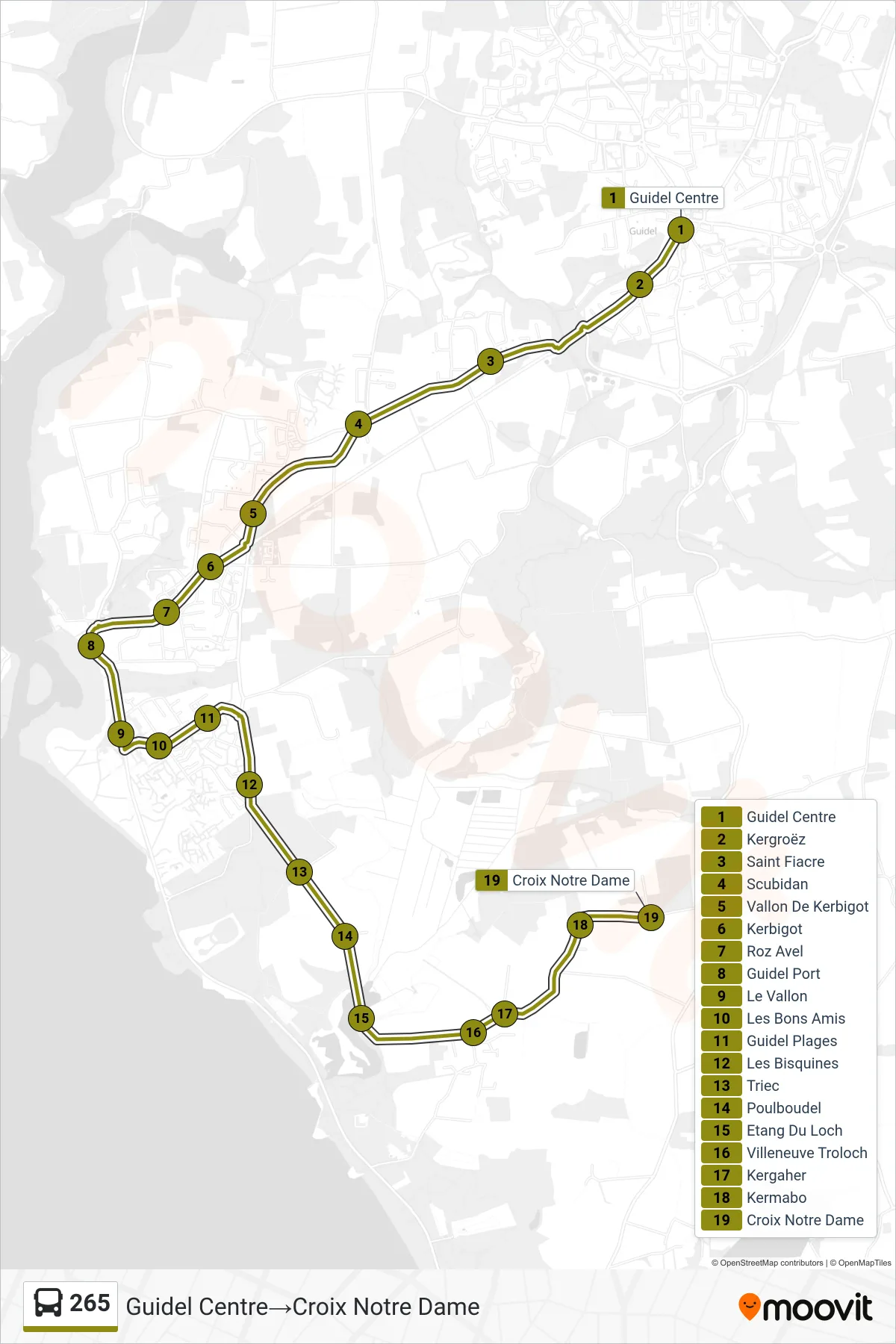 265 bus Line (Guidel Centre→Croix Notre Dame) route and stops on a map