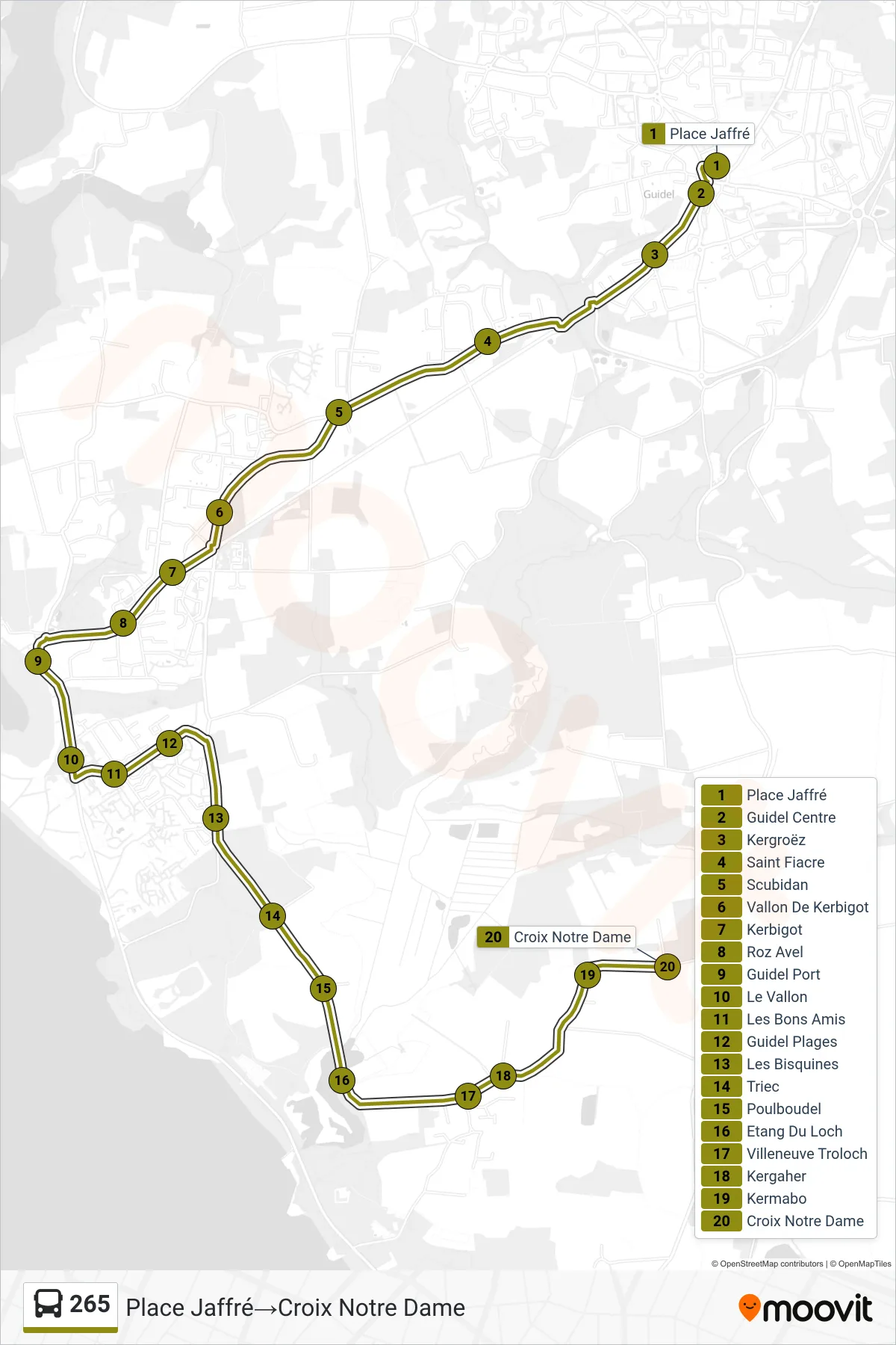 265 bus Line (Place Jaffré‎→Croix Notre Dame) route and stops on a map