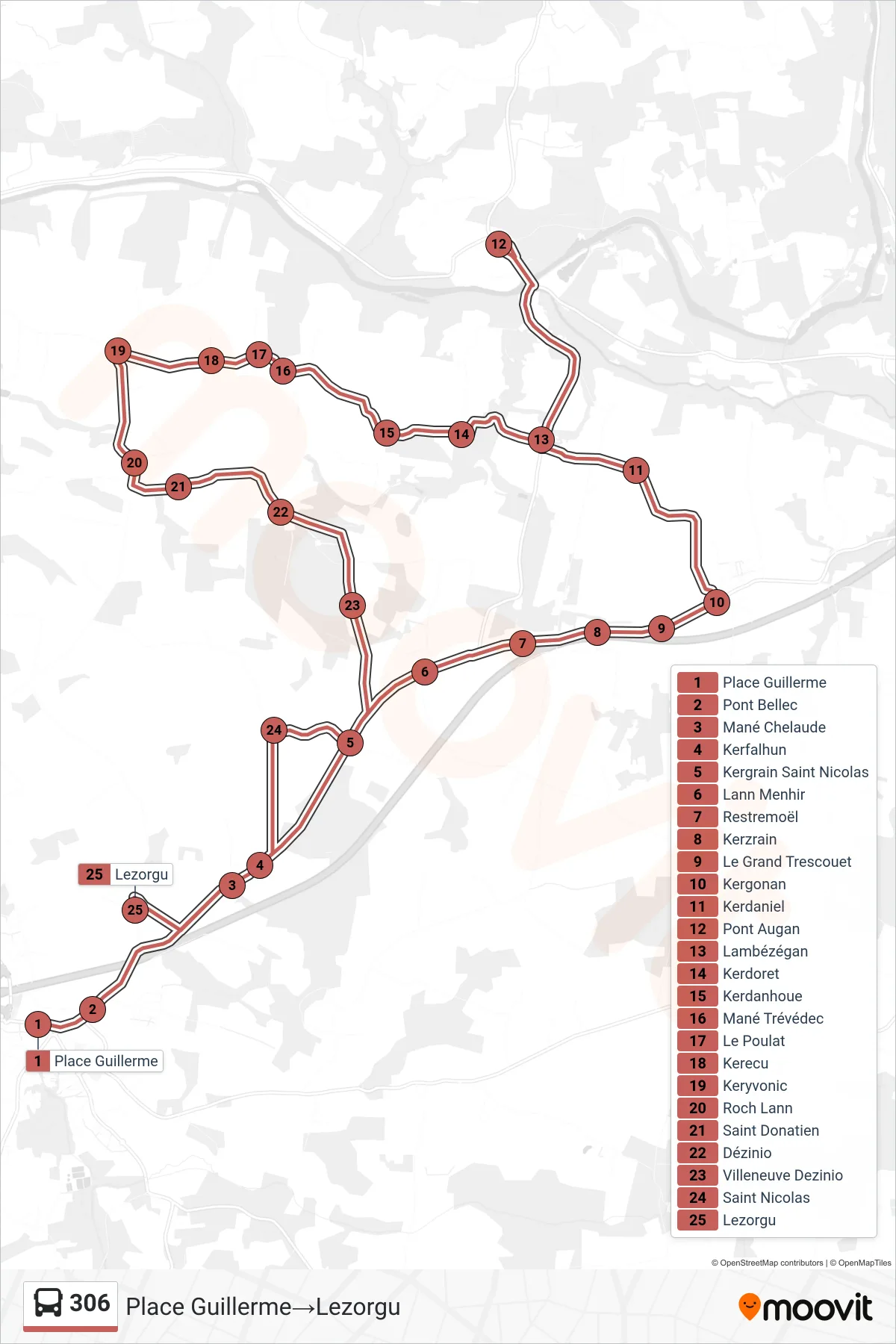 306 bus Line (Place Guillerme‎→Lezorgu) route and stops on a map