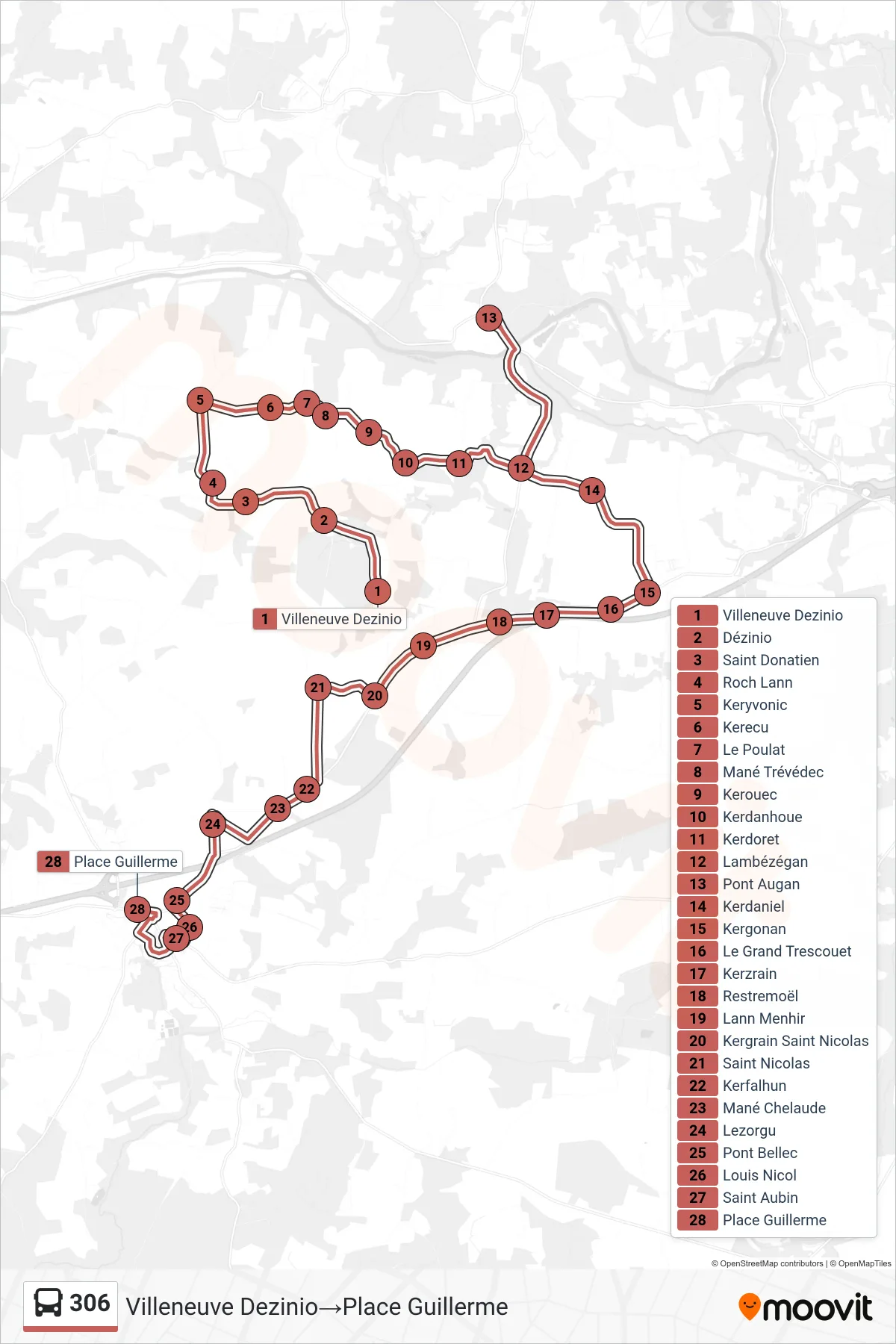 Tracé et arrêts de la ligne 306 de bus (Villeneuve Dezinio→Place Guillerme) sur une carte