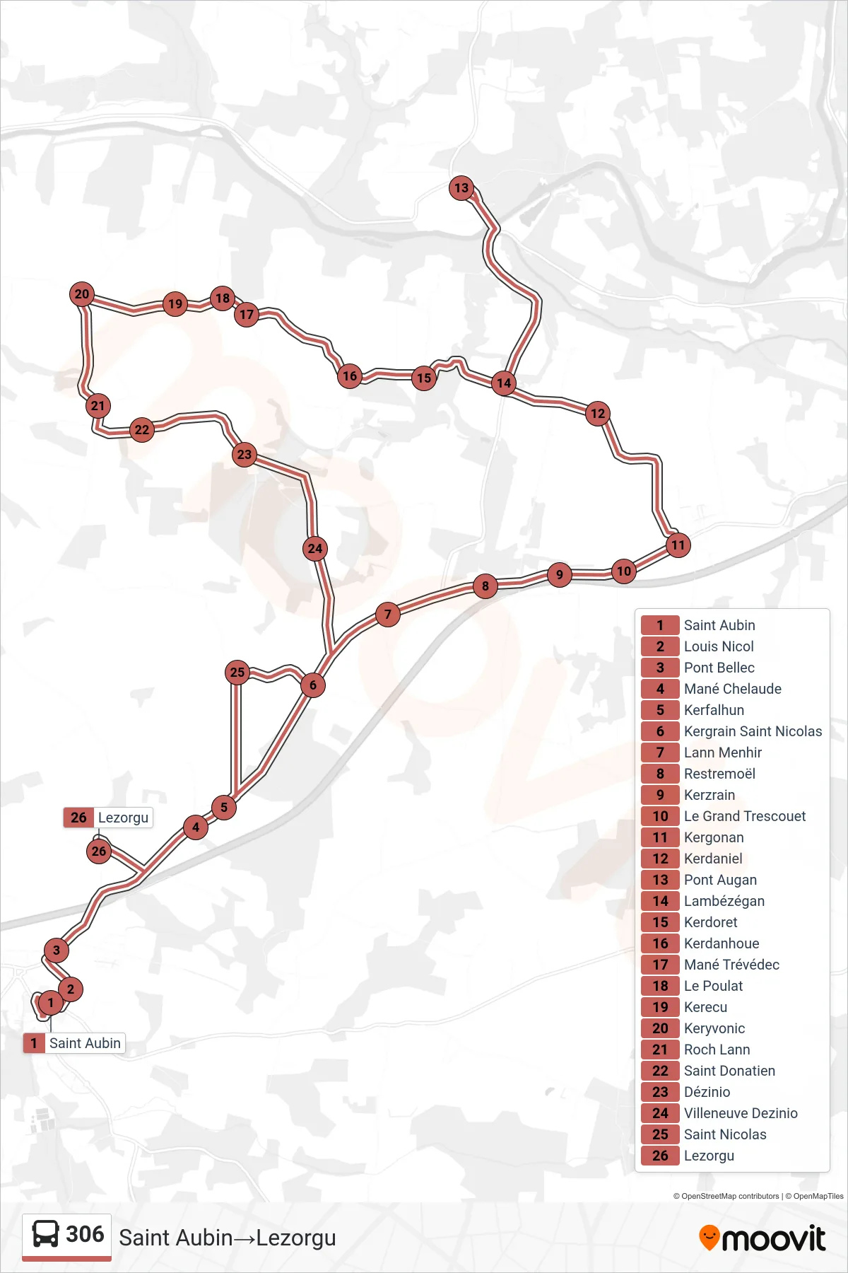 306 bus Line (Saint Aubin→Lezorgu) route and stops on a map