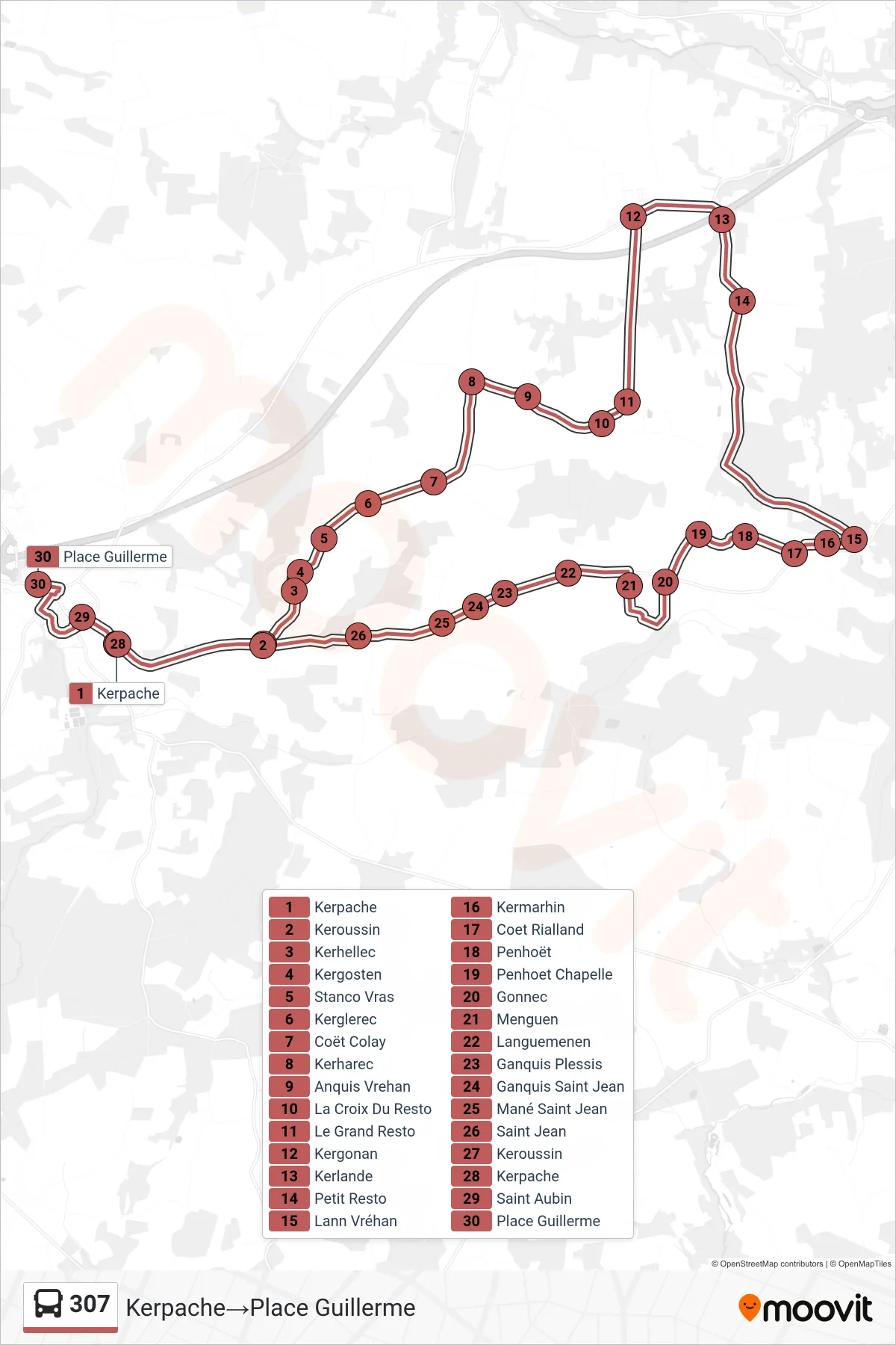 Tracé et arrêts de la ligne 307 de bus (Kerpache→Place Guillerme) sur une carte