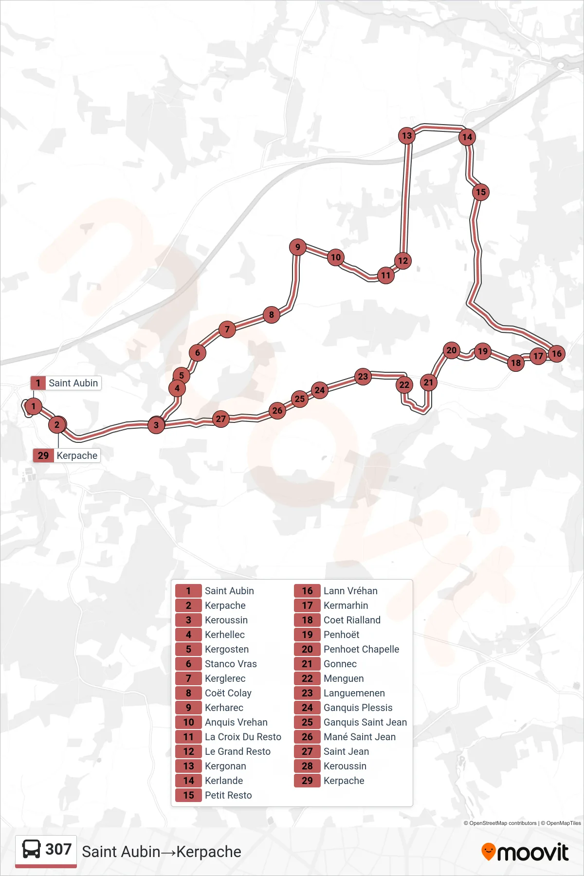 307 bus Line (Saint Aubin→Kerpache) route and stops on a map