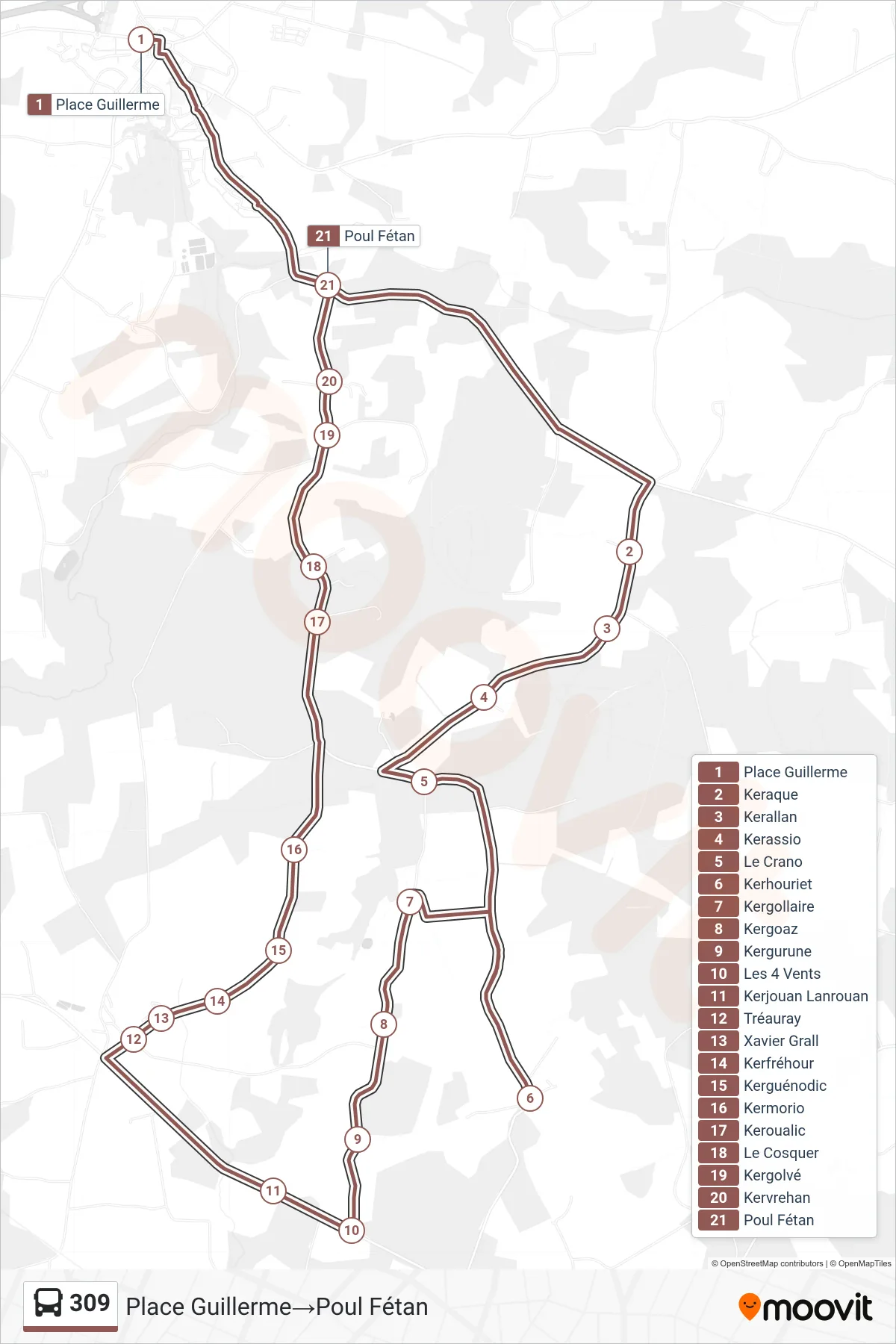 309 bus Line (Place Guillerme‎→Poul Fétan) route and stops on a map