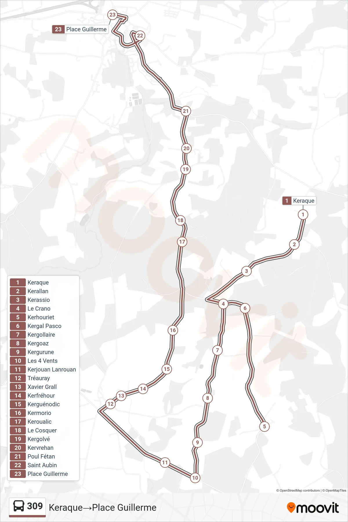 309 bus Line (Keraque→Place Guillerme) route and stops on a map