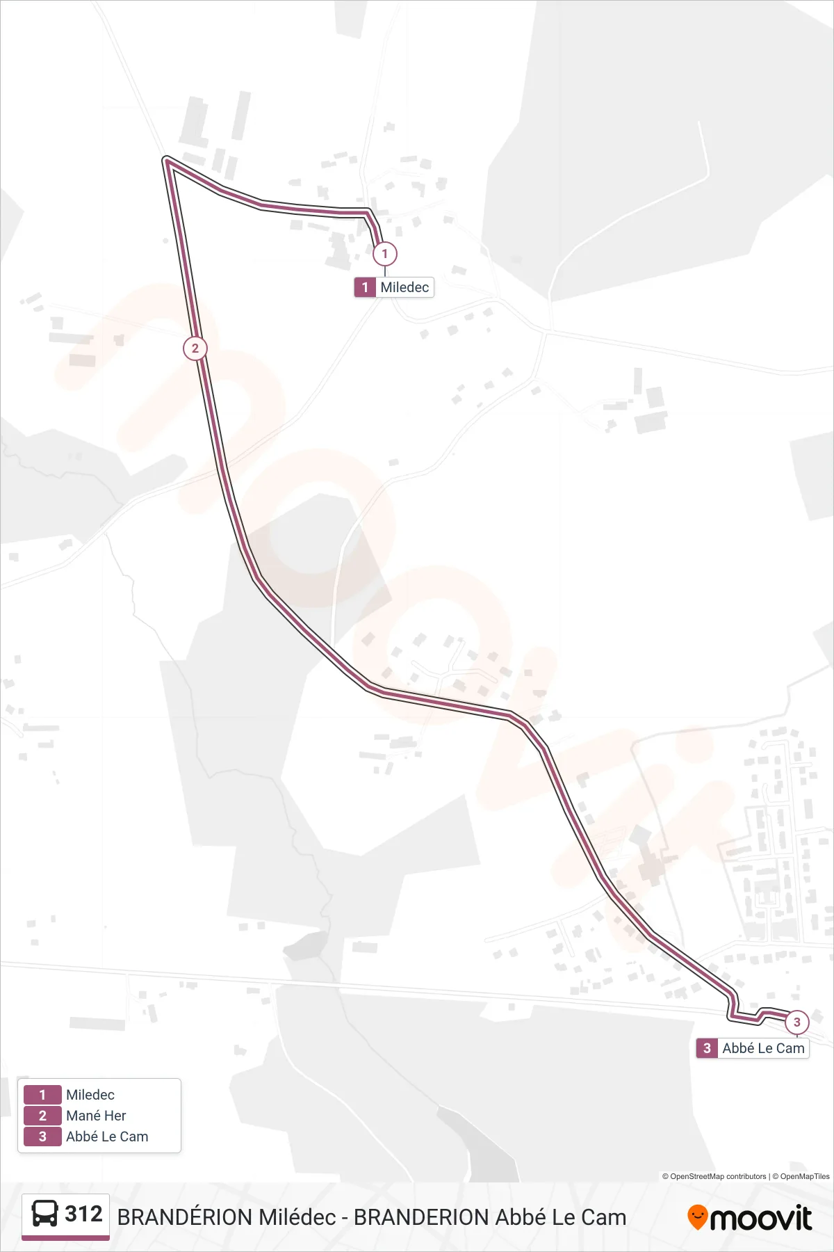 Tracé et arrêts de la ligne 312 de bus (Miledec→Abbé Le Cam) sur une carte