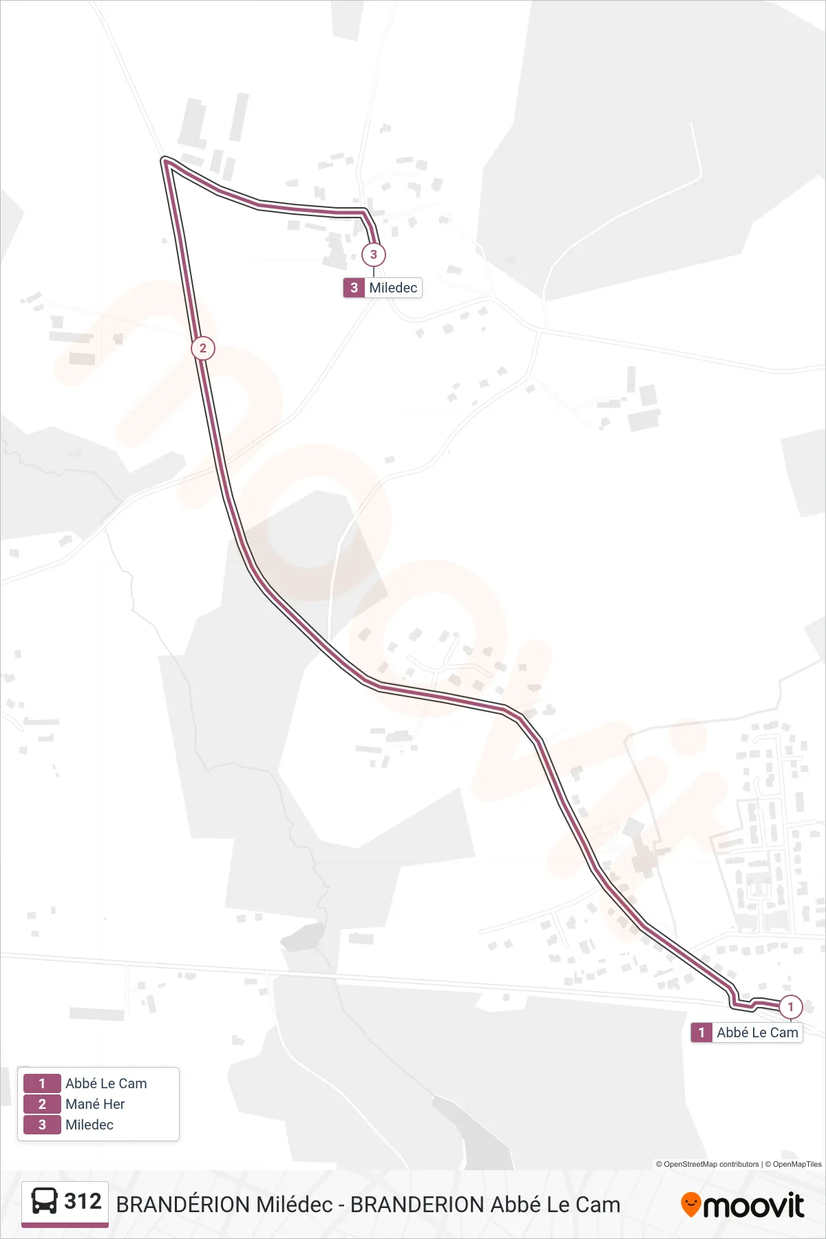 Tracé et arrêts de la ligne 312 de bus (Abbé Le Cam‎→Miledec) sur une carte