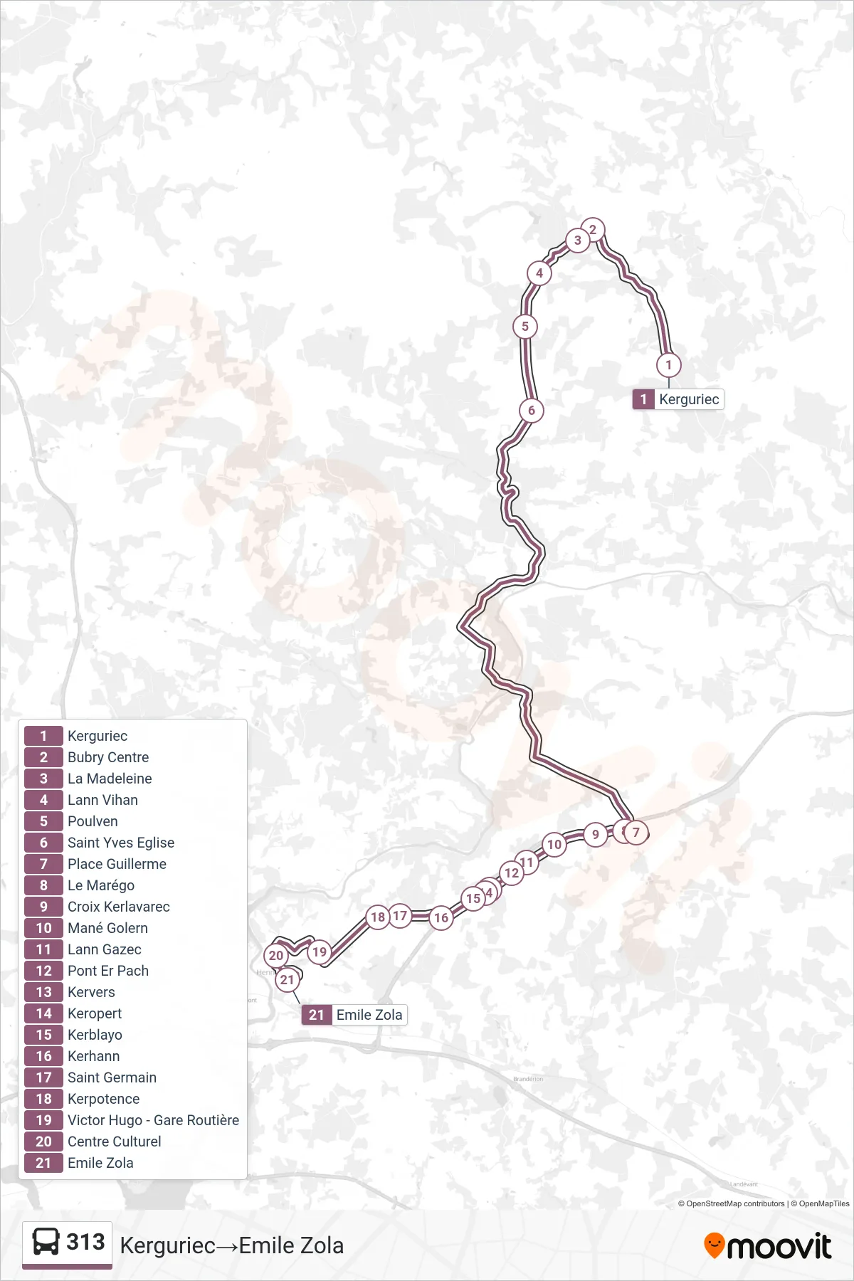 313 bus Line (Kerguriec→Emile Zola) route and stops on a map