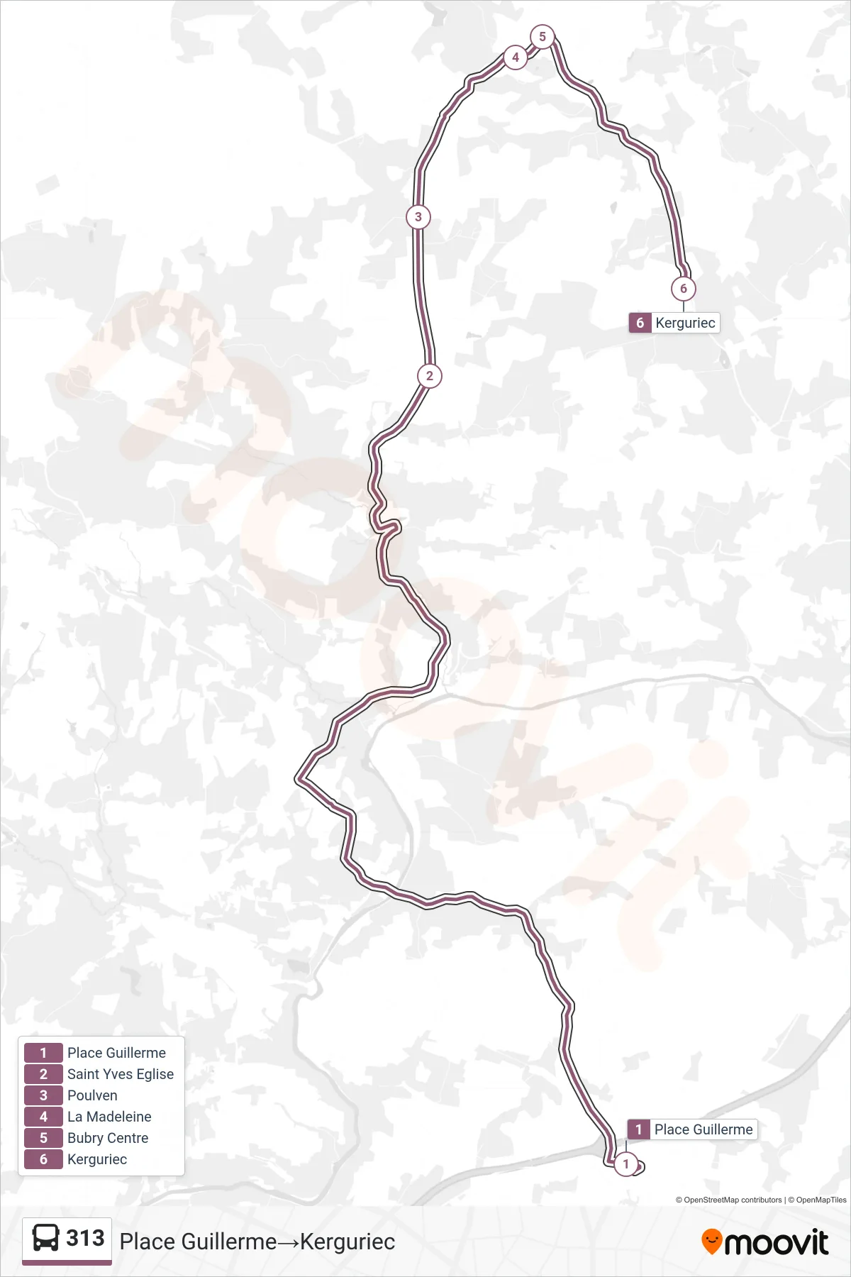 313 bus Line (Place Guillerme→Kerguriec) route and stops on a map