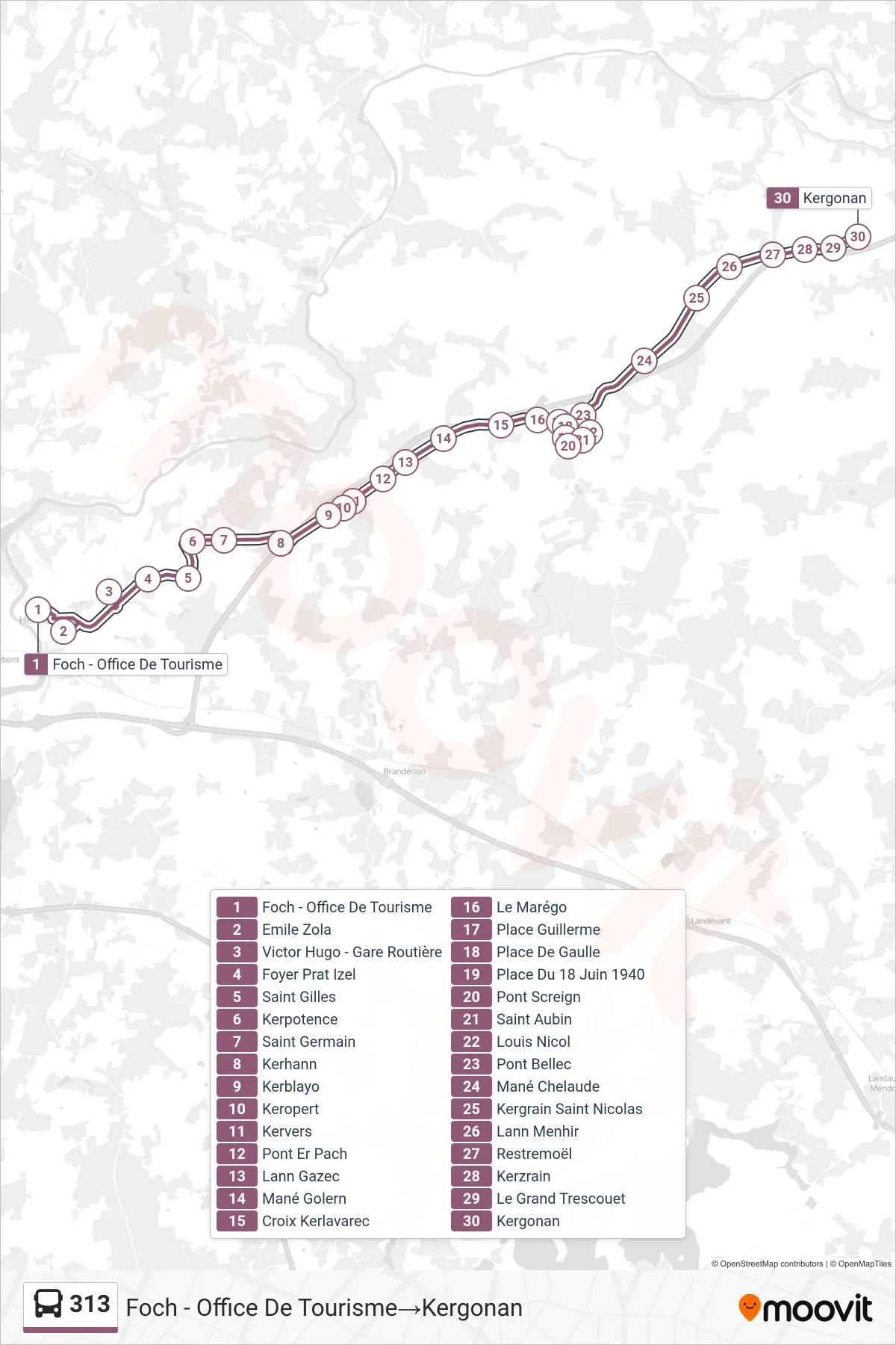 313 bus Line (Foch - Office De Tourisme→Kergonan) route and stops on a map