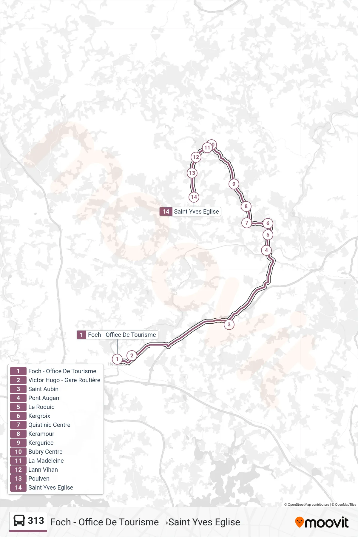 313 bus Line (Foch - Office De Tourisme→Saint Yves Eglise) route and stops on a map