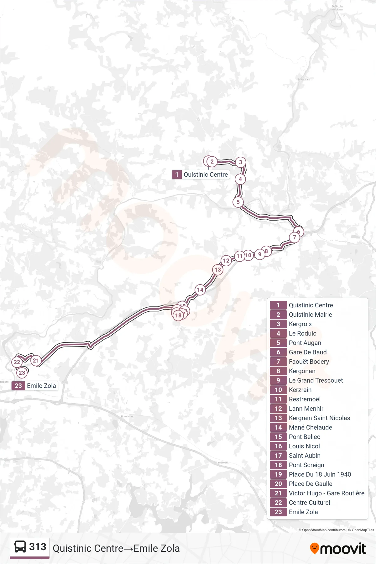 313 bus Line (Quistinic Centre→Emile Zola) route and stops on a map