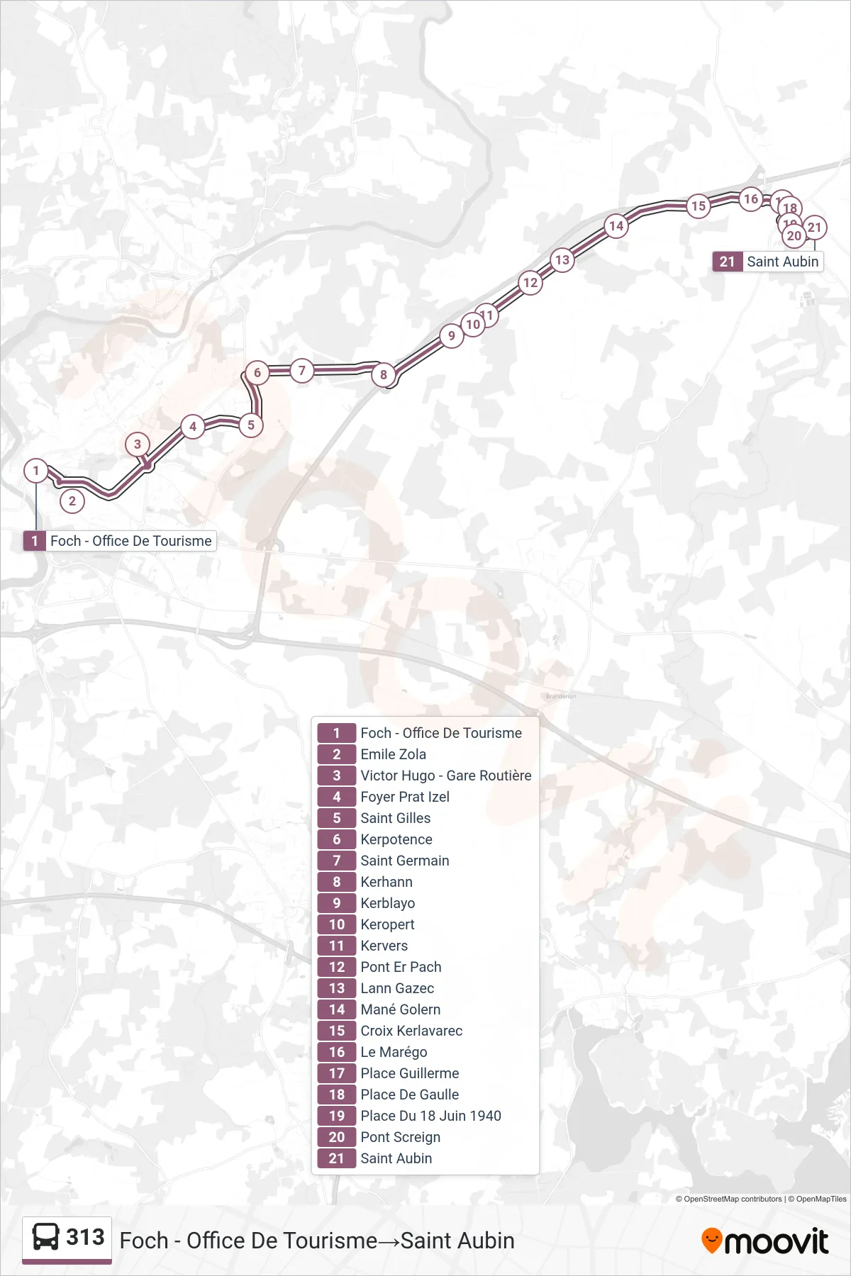 313 bus Line (Foch - Office De Tourisme→Saint Aubin) route and stops on a map